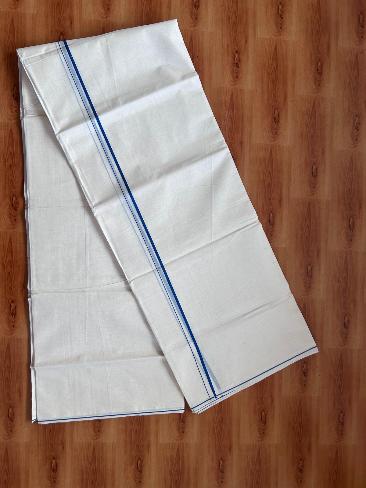 Double Off white Mundu/Dhoti - 20% Discount! KaithariKada - 100% Pure Cotton 100x80  - 0.3 cm Dark Peacock Blue Thin Kara 4.10 mtr (8.5 Muzham) - 6 KK5517 VIN