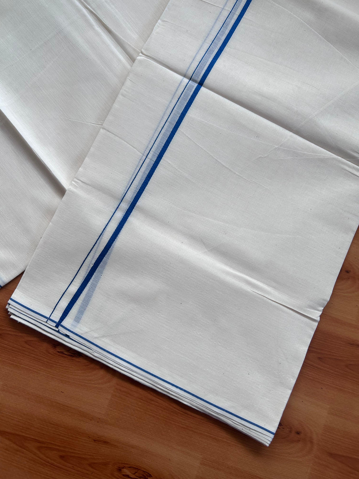 Double Off white Mundu/Dhoti - 20% Discount! KaithariKada - 100% Pure Cotton 100x80  - 0.3 cm Dark Peacock Blue Thin Kara 4.10 mtr (8.5 Muzham) - 6 KK5517 VIN