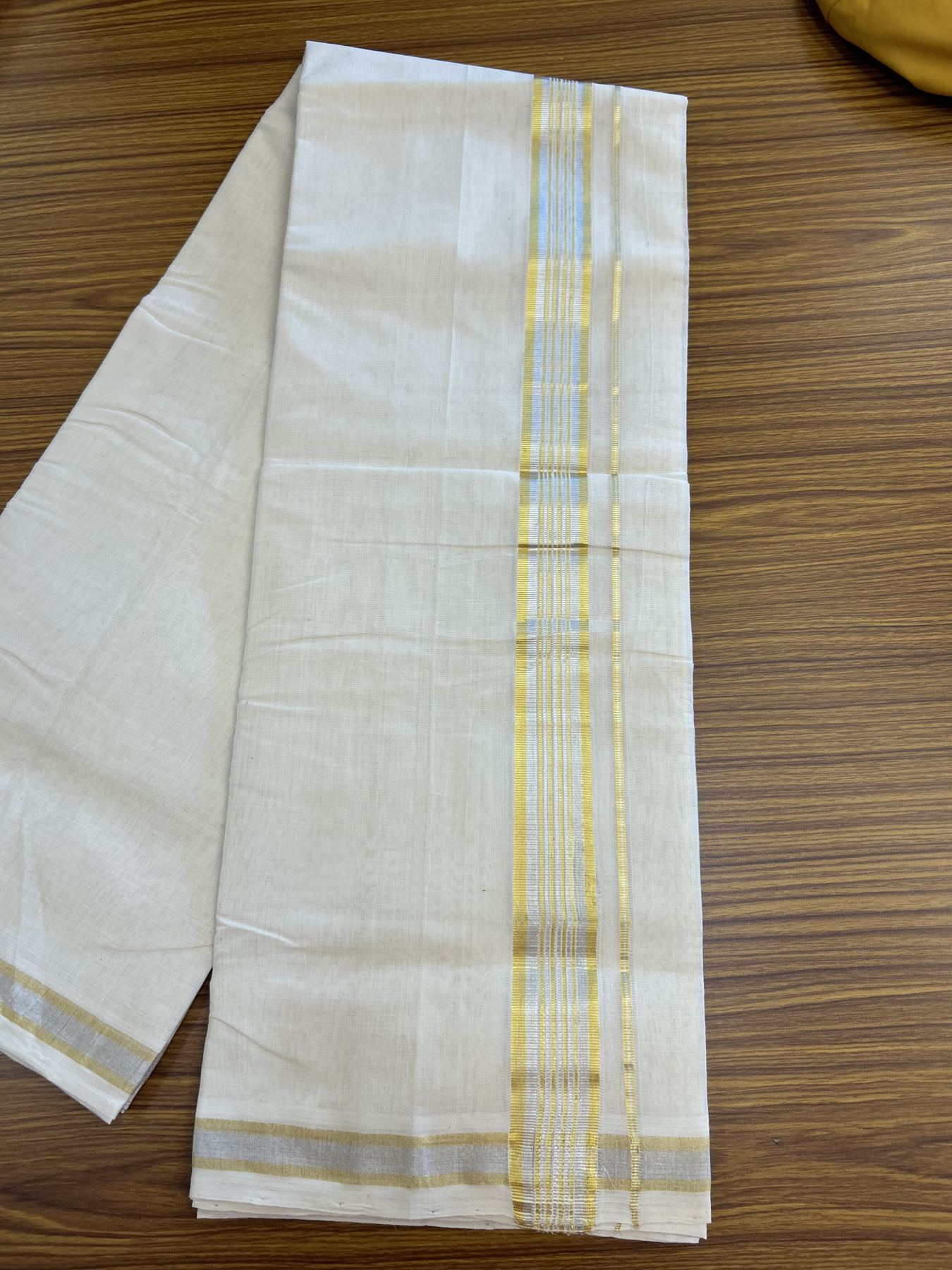 25% Discount ! KaithariKada Handloom Millpaav - Kerala Handloom - 100% Pure Cotton Off White (Unbleached) Double Mundu/Dhoti - 80x90 - 1.5 inch Gold Kasav & Silver Kasav striped Kara 4 mtr (8.5 Muzham) - 34 KK5337 RAM