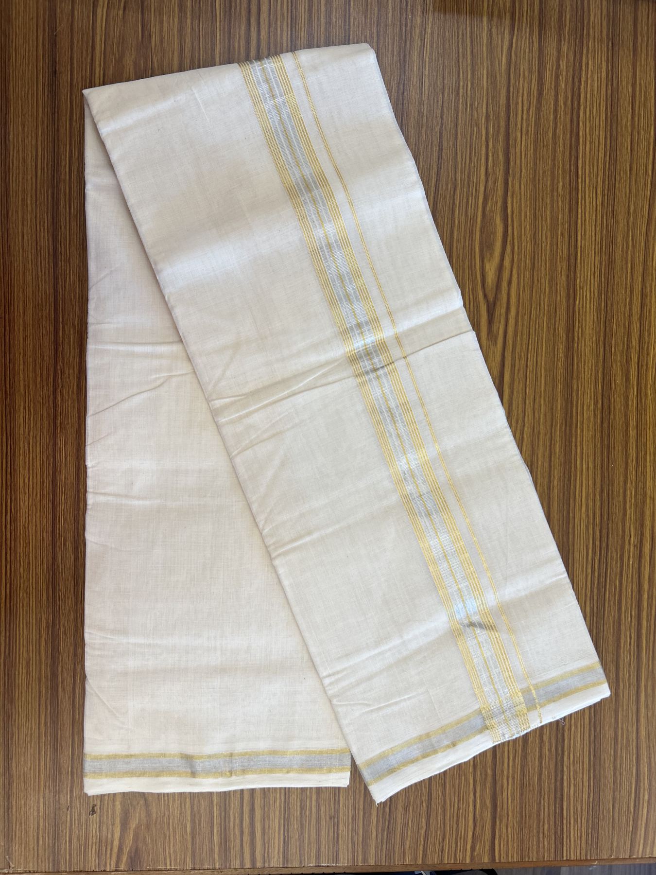 25% Discount ! KaithariKada Handloom Millpaav - Kerala Handloom - 100% Pure Cotton Off White (Unbleached) Double Mundu/Dhoti - 80x90 - 1.5 inch Gold Kasav & Silver Kasav striped Kara 4 mtr (8.5 Muzham) - 33 KK5337 RAM