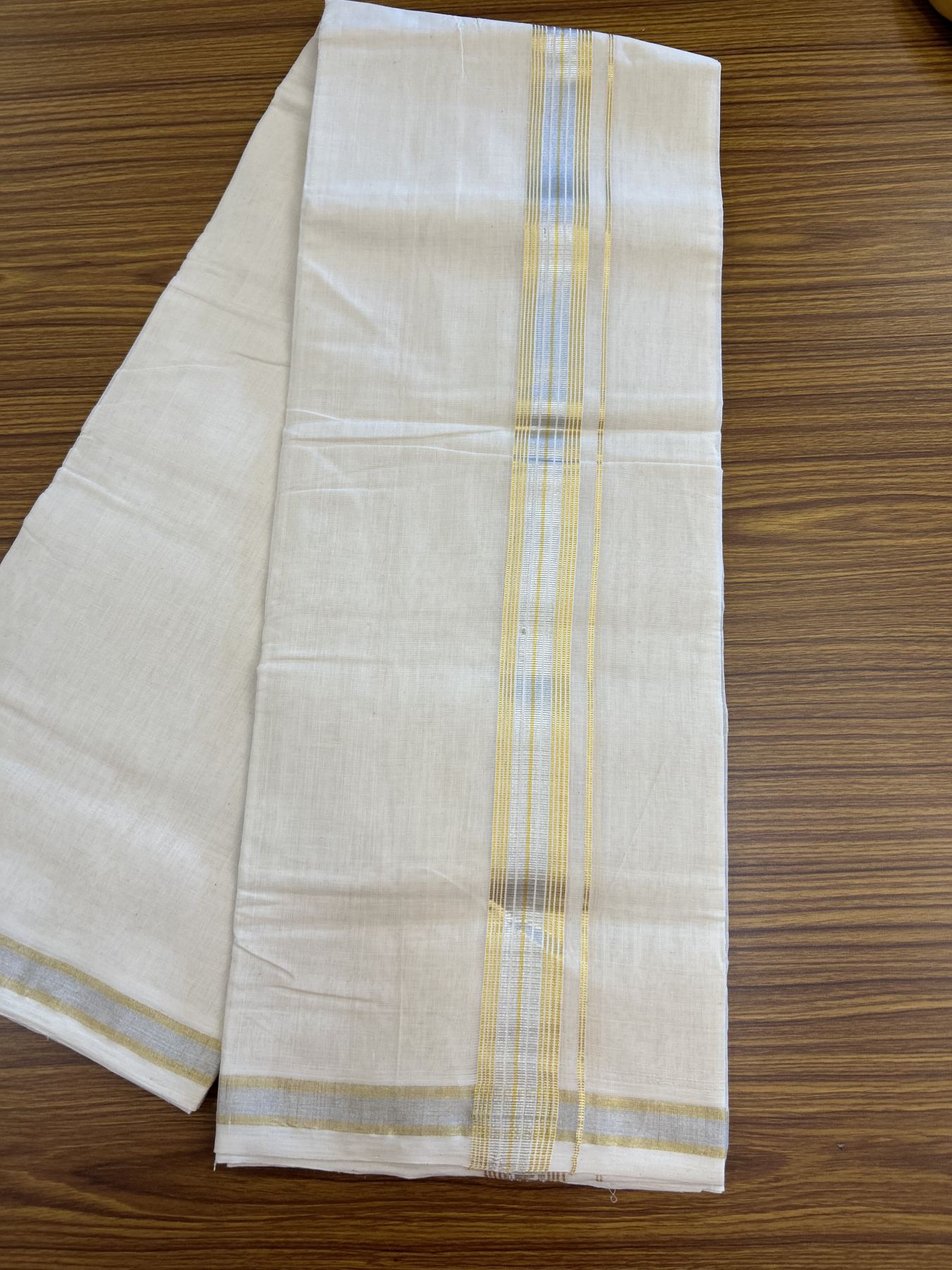 25% Discount ! KaithariKada Handloom Millpaav - Kerala Handloom - 100% Pure Cotton Off White (Unbleached) Double Mundu/Dhoti - 80x90 - 1.5 inch Gold Kasav & Silver Kasav striped Kara 4 mtr (8.5 Muzham) - 33 KK5337 RAM