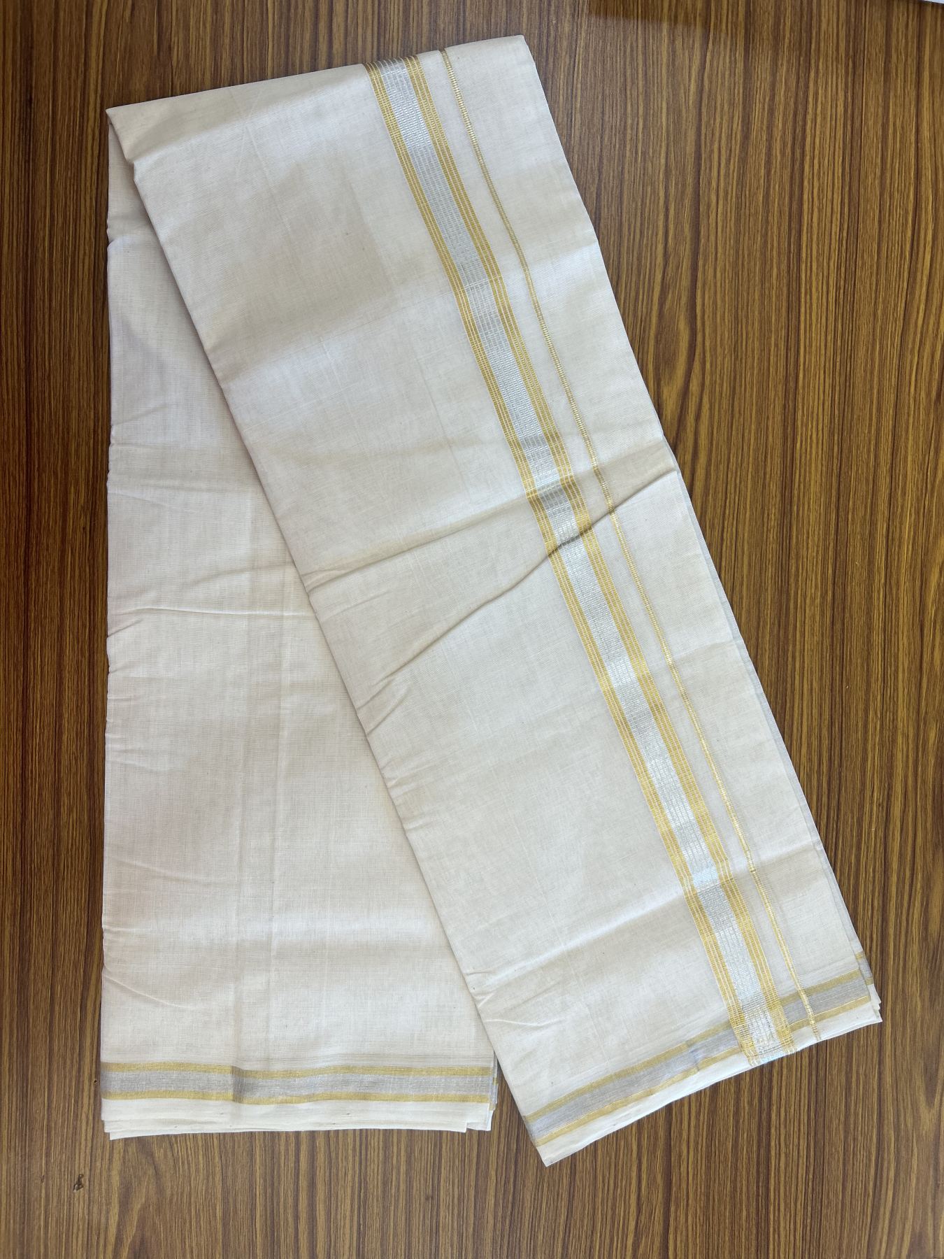 25% Discount ! KaithariKada Handloom Millpaav - Kerala Handloom - 100% Pure Cotton Off White (Unbleached) Double Mundu/Dhoti - 80x90 - 1.25 inch Gold Kasav & Silver Kasav striped Kara 4 mtr (8.5 Muzham) - 29 KK5337 RAM