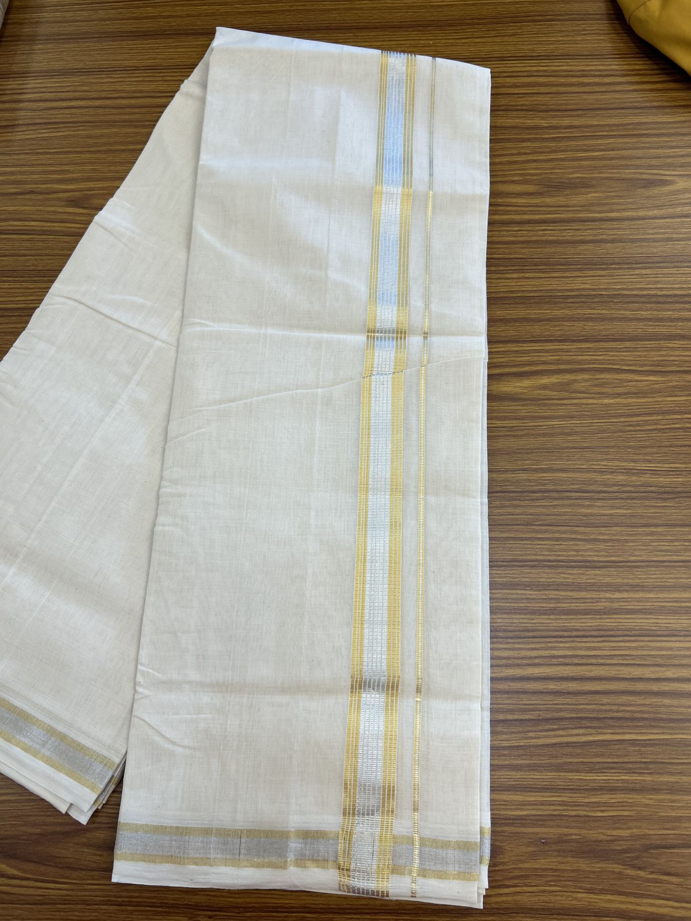 25% Discount ! KaithariKada Handloom Millpaav - Kerala Handloom - 100% Pure Cotton Off White (Unbleached) Double Mundu/Dhoti - 80x90 - 1.25 inch Gold Kasav & Silver Kasav striped Kara 4 mtr (8.5 Muzham) - 29 KK5337 RAM