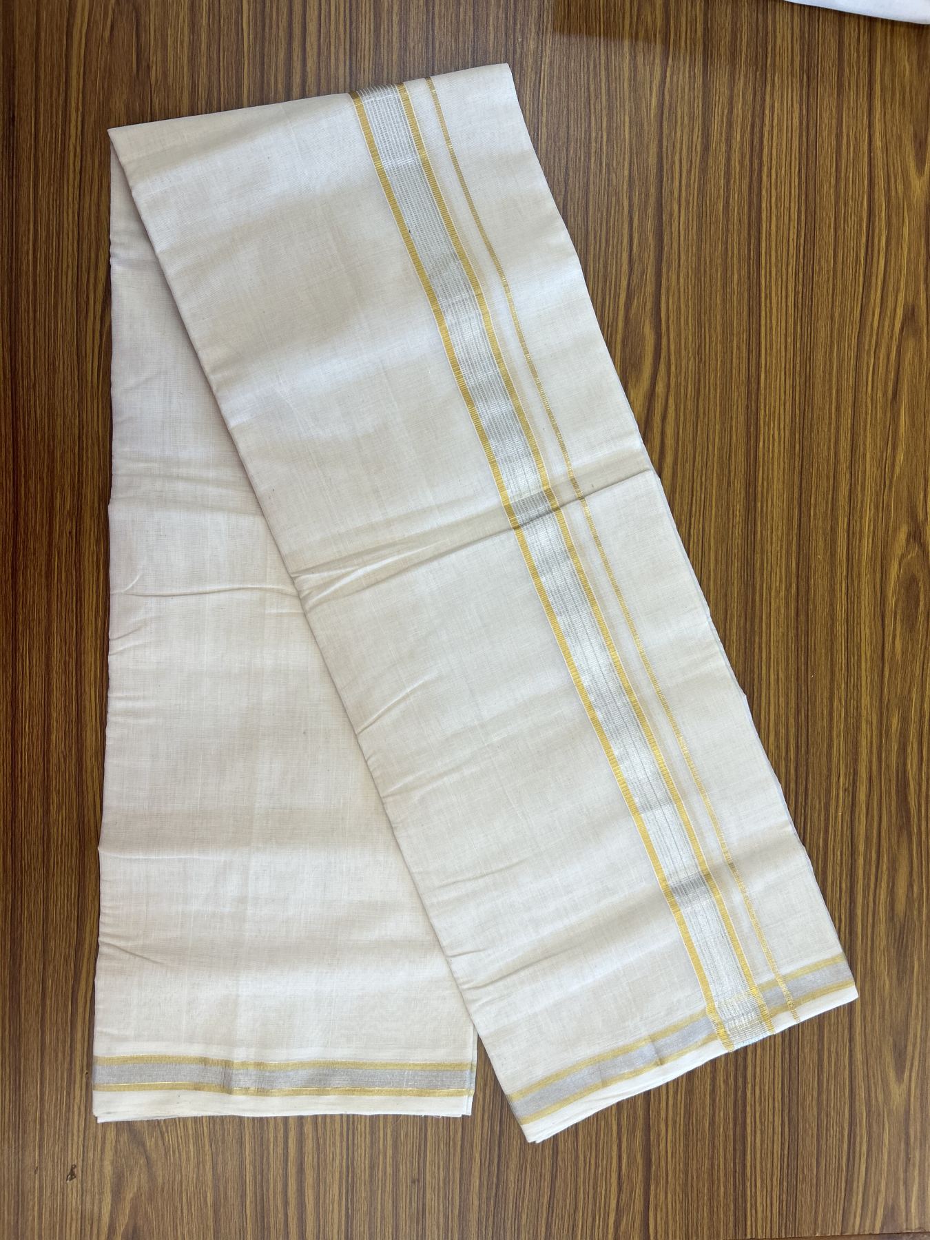 25% Discount ! KaithariKada Handloom Millpaav - Kerala Handloom - 100% Pure Cotton Off White (Unbleached) Double Mundu/Dhoti - 80x90 - 1.5 inch Gold Kasav & Silver Kasav striped Kara 4 mtr (8.5 Muzham) - 27 KK5337 RAM
