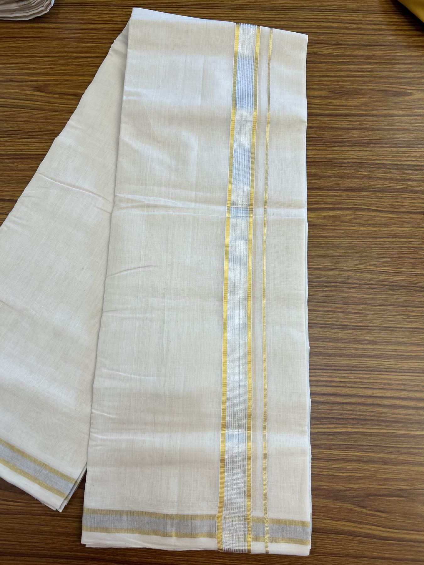 25% Discount ! KaithariKada Handloom Millpaav - Kerala Handloom - 100% Pure Cotton Off White (Unbleached) Double Mundu/Dhoti - 80x90 - 1.5 inch Gold Kasav & Silver Kasav striped Kara 4 mtr (8.5 Muzham) - 27 KK5337 RAM
