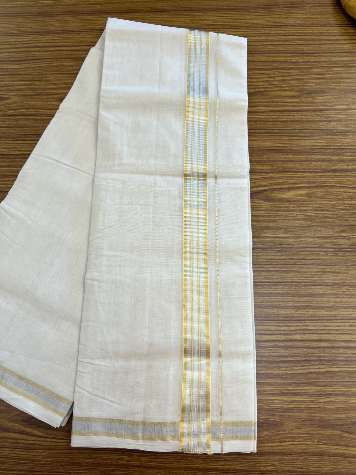 25% Discount ! KaithariKada Handloom Millpaav - Kerala Handloom - 100% Pure Cotton Off White (Unbleached) Double Mundu/Dhoti - 80x90 - 1.5 inch Gold Kasav & Silver Kasav striped Kara 4 mtr (8.5 Muzham) - 32 KK5337 RAM