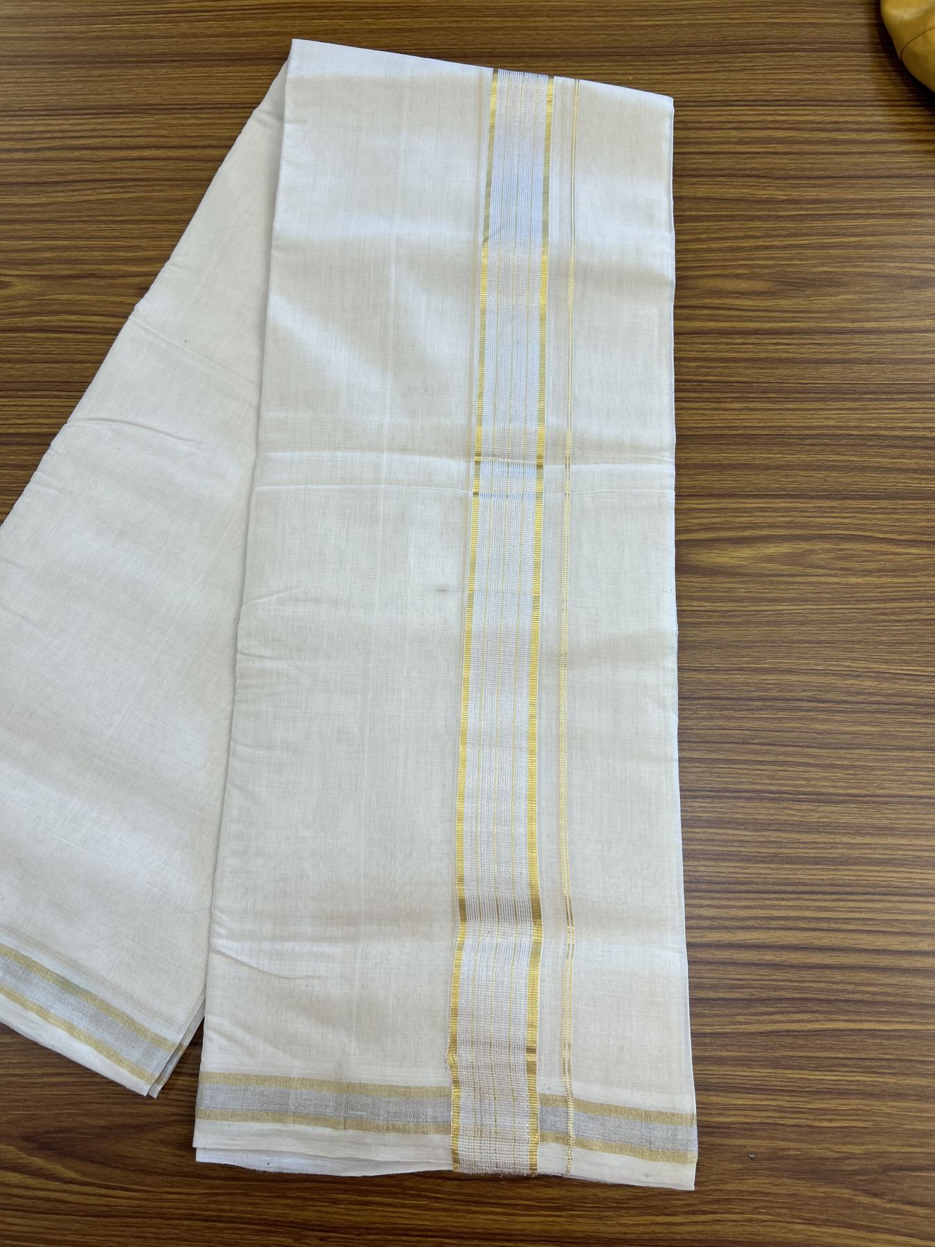 25% Discount ! KaithariKada Handloom Millpaav - Kerala Handloom - 100% Pure Cotton Off White (Unbleached) Double Mundu/Dhoti - 80x90 - 1.75 inch Gold Kasav & Silver Kasav striped Kara 4 mtr (8.5 Muzham) - 24  KK5337 RAM