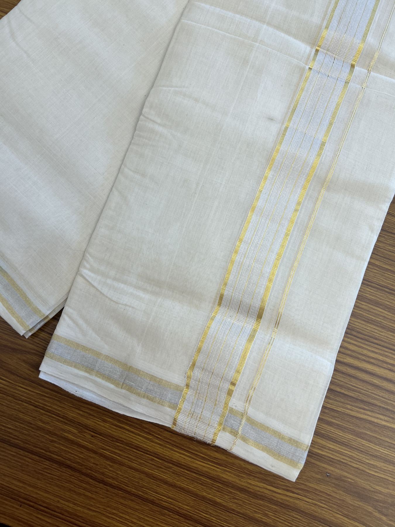 25% Discount ! KaithariKada Handloom Millpaav - Kerala Handloom - 100% Pure Cotton Off White (Unbleached) Double Mundu/Dhoti - 80x90 - 1.75 inch Gold Kasav & Silver Kasav striped Kara 4 mtr (8.5 Muzham) - 24  KK5337 RAM