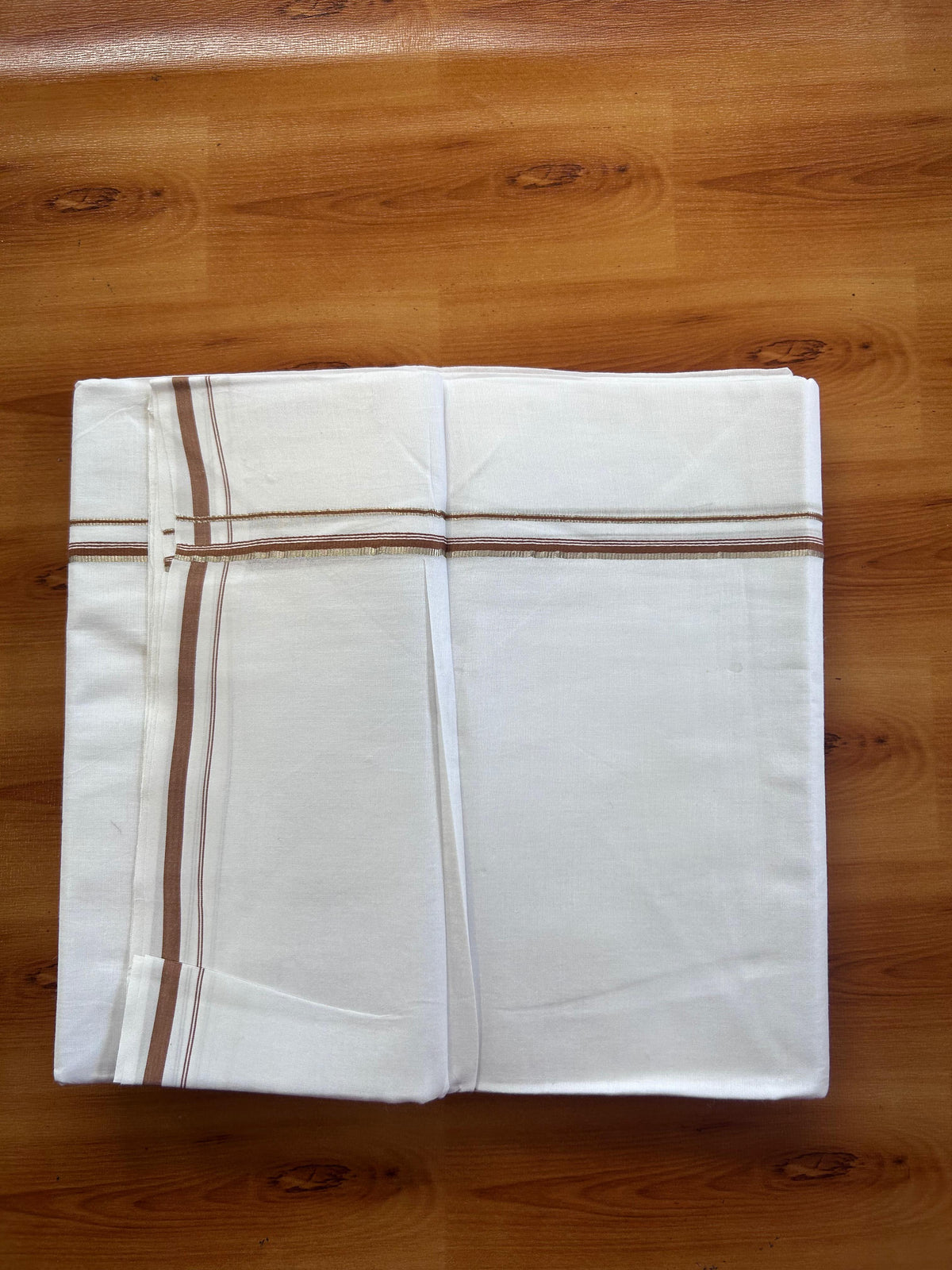 Pure white Double Mundu/Dhoti - 20% Discount! KaithariKada 100% Cotton - 100X80 - 0.5 cm Silver Kasav & Light Brown Kara - 3.90 mtr (8.5 muzham) - 1 KK5518 VAS