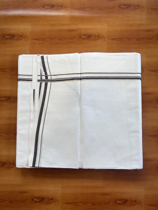 Pure white Double Mundu/Dhoti - 20% Discount! KaithariKada 100% Cotton - 100X80 - 0.5 cm Silver Kasav & Dark Brown Kara - 3.90 mtr (8.5 muzham) - 2 KK5518 VAS