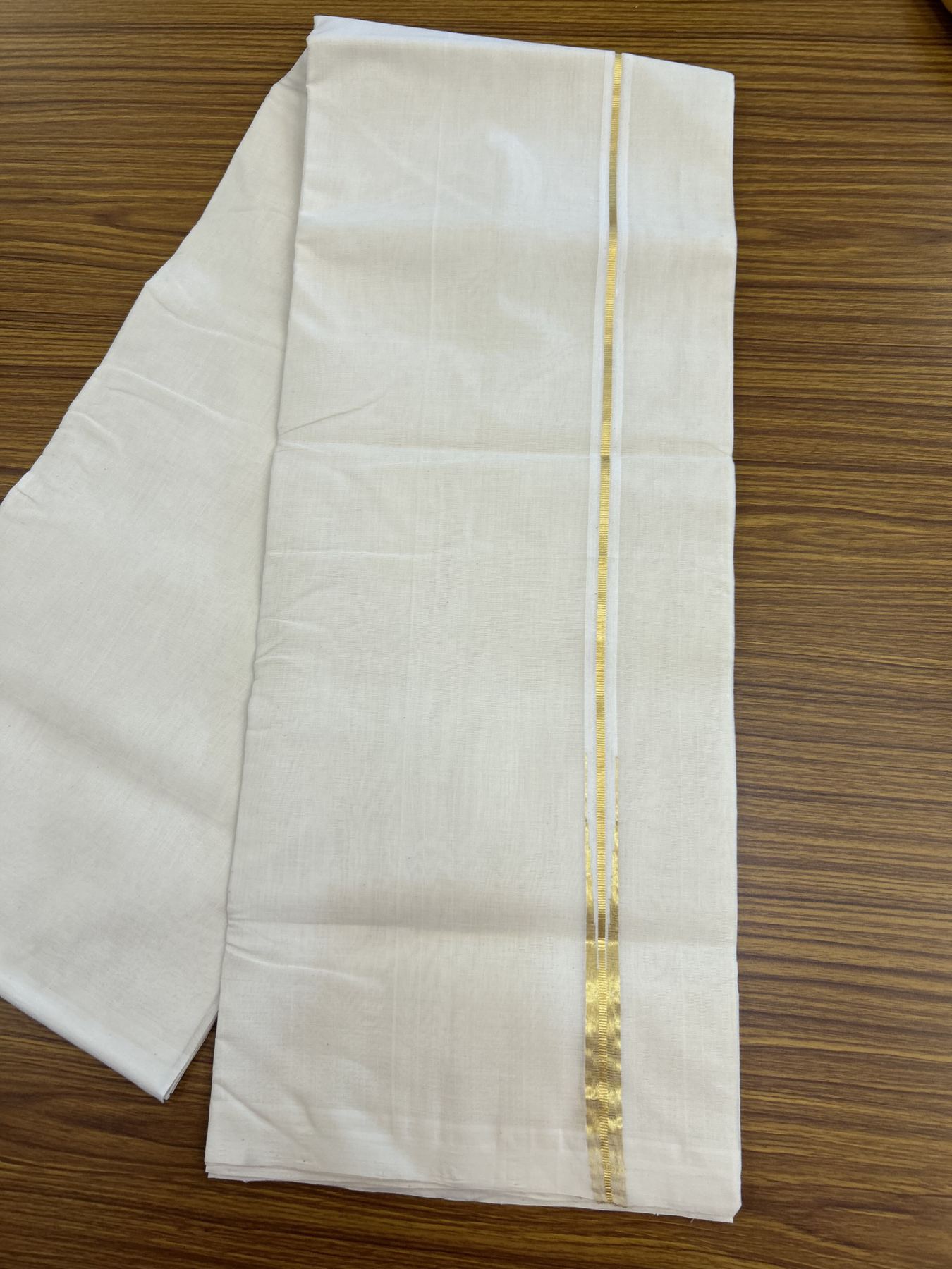 25% Discount ! KaithariKada Kerala Handloom Millpaav  - 100% Pure Cotton Off White- (Unbleached) Double Mundu/Dhoti - 80x90 - 0.5 inch Puliyilakkara Gold Kasav Chutty Kara 4 mtr (8.5 Muzham) - 52 KK5337 RAM