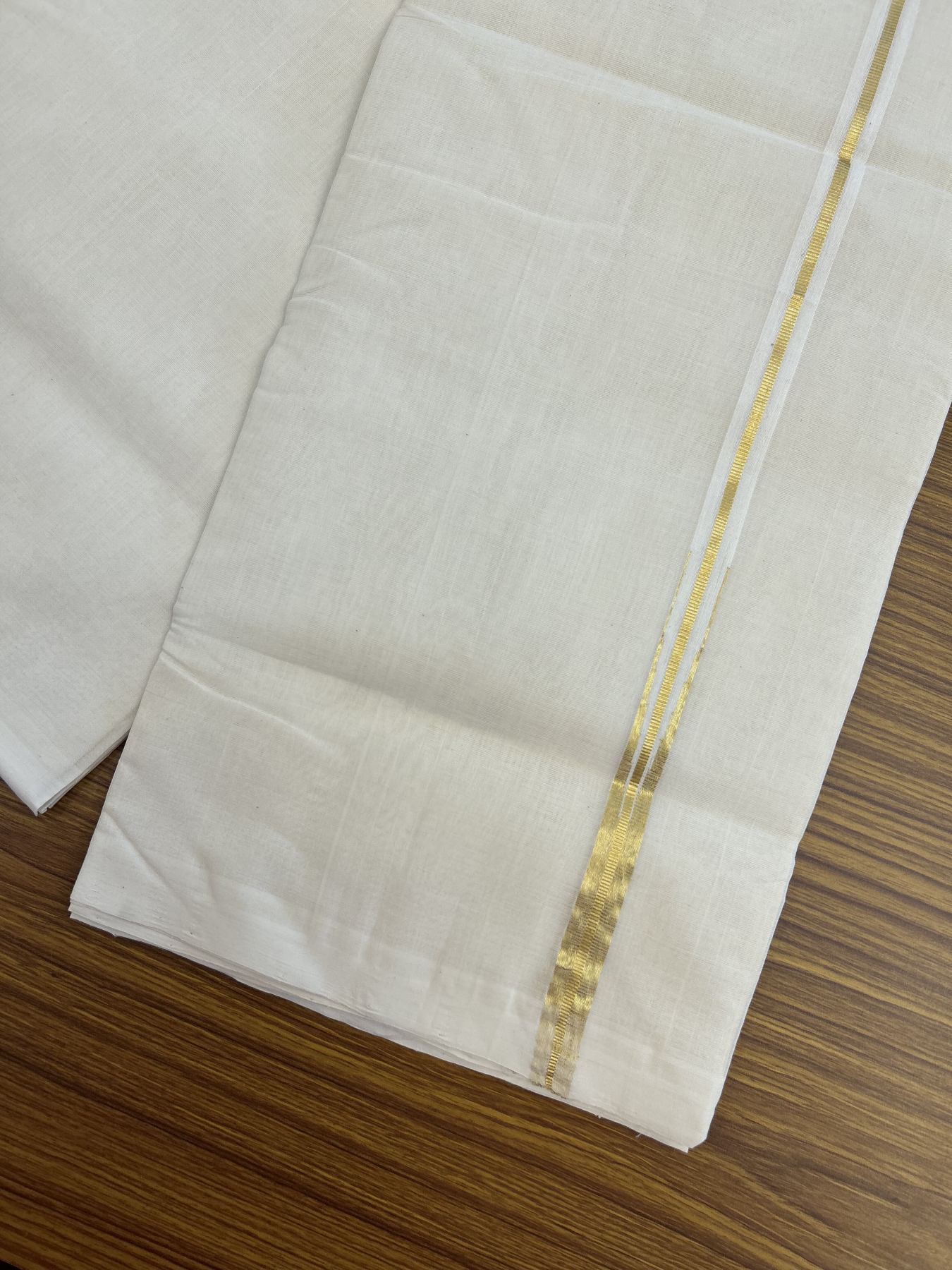 25% Discount ! KaithariKada Kerala Handloom Millpaav  - 100% Pure Cotton Off White- (Unbleached) Double Mundu/Dhoti - 80x90 - 0.5 inch Puliyilakkara Gold Kasav Chutty Kara 4 mtr (8.5 Muzham) - 52 KK5337 RAM
