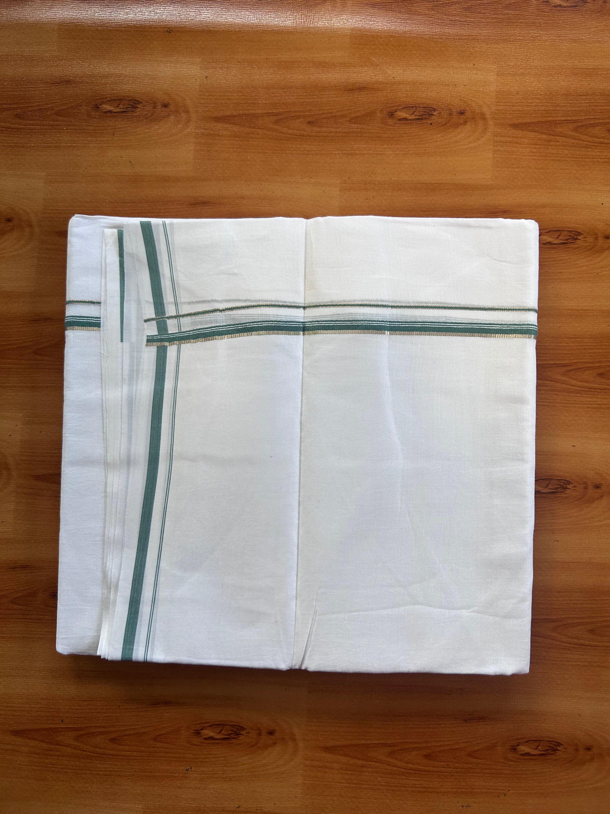 Pure white Double Mundu/Dhoti - 20% Discount! KaithariKada 100% Cotton - 100X80 - 0.5 cm Silver Kasav & Teal Green Kara - 3.90 mtr (8.5 muzham) - 3 KK5518 VAS