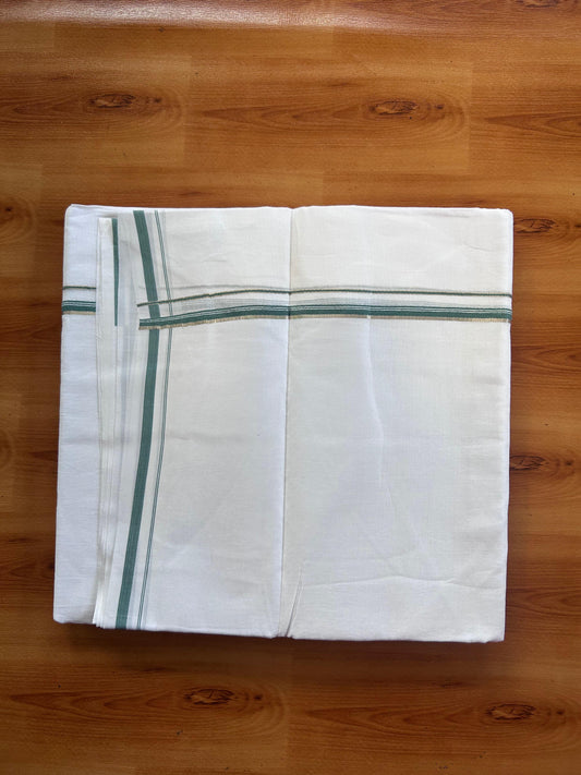 Pure white Double Mundu/Dhoti - 20% Discount! KaithariKada 100% Cotton - 100X80 - 0.5 cm Silver Kasav & Teal Green Kara - 3.90 mtr (8.5 muzham) - 3 KK5518 VAS