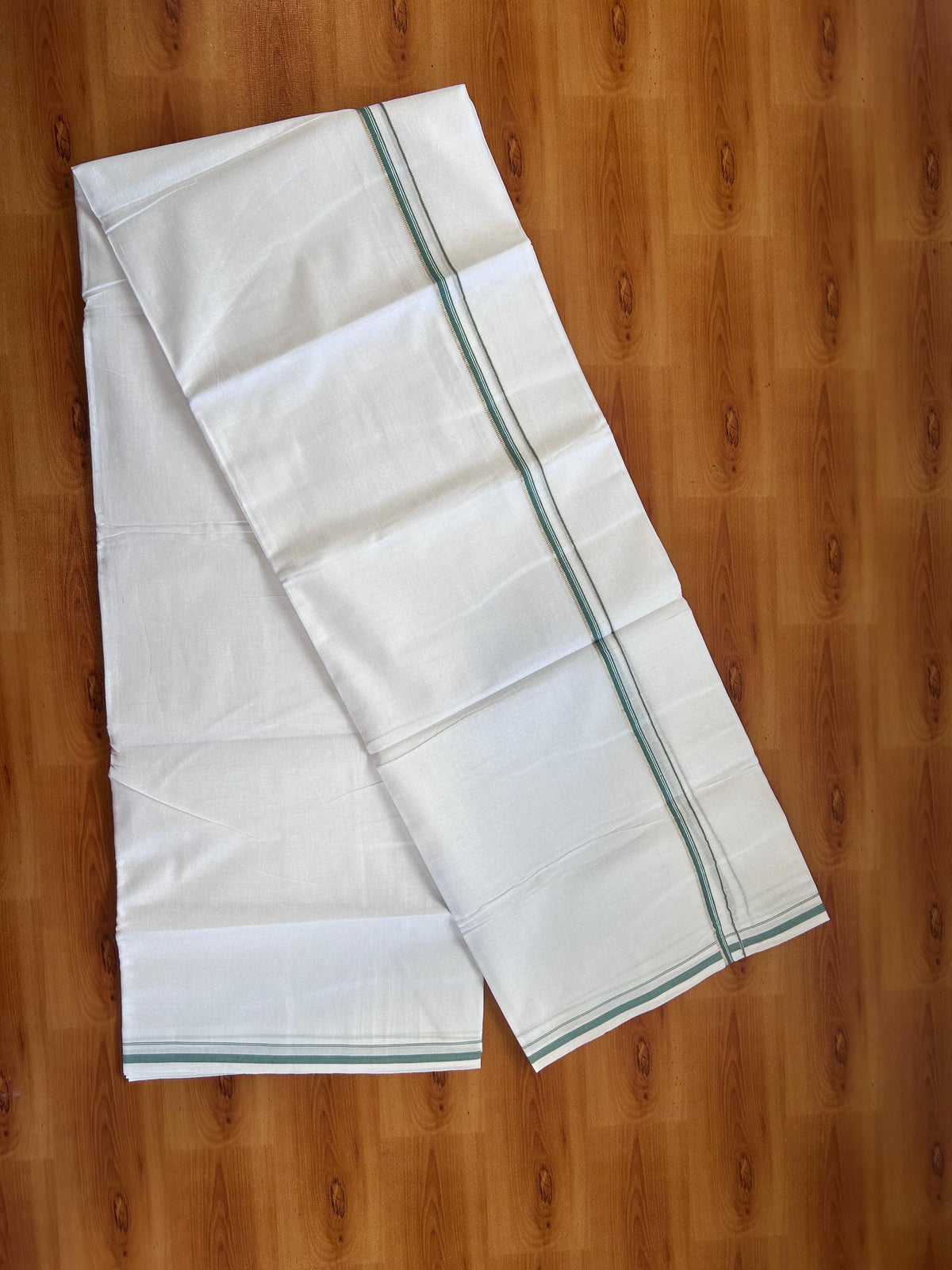 Pure white Double Mundu/Dhoti - 20% Discount! KaithariKada 100% Cotton - 100X80 - 0.5 cm Silver Kasav & Teal Green Kara - 3.90 mtr (8.5 muzham) - 3 KK5518 VAS