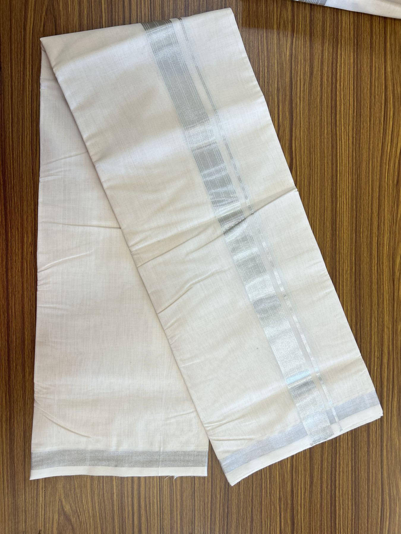 25% Discount ! KaithariKada Handloom Millpaav - Kerala Handloom - 100% Pure Cotton Off White (Unbleached) Double Mundu/Dhoti - 80x90 - 1.5 inch Silver Kasav striped Kara 4 mtr (8.5 Muzham) - 42 KK5337 RAM