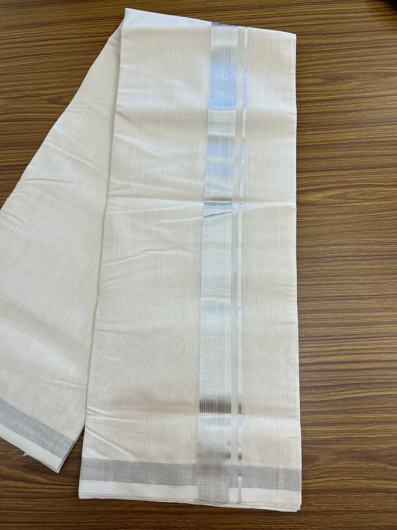 25% Discount ! KaithariKada Handloom Millpaav - Kerala Handloom - 100% Pure Cotton Off White (Unbleached) Double Mundu/Dhoti - 80x90 - 1.5 inch Silver Kasav striped Kara 4 mtr (8.5 Muzham) - 42 KK5337 RAM