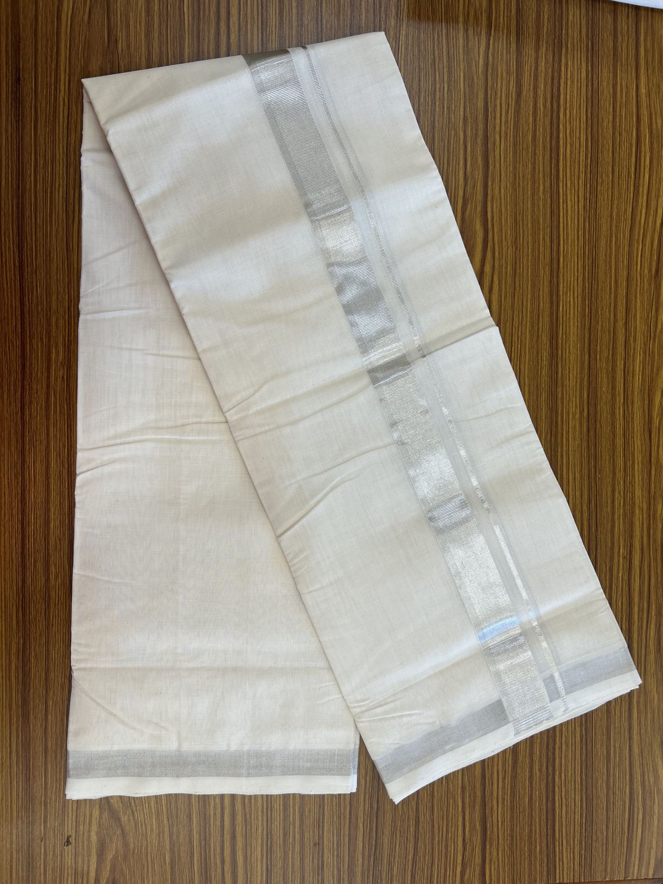 25% Discount ! KaithariKada Handloom Millpaav - Kerala Handloom - 100% Pure Cotton Off White (Unbleached) Double Mundu/Dhoti - 80x90 - 1.5 inch Silver Kasav Kara 4 mtr (8.5 Muzham) - 44 KK5337 RAM