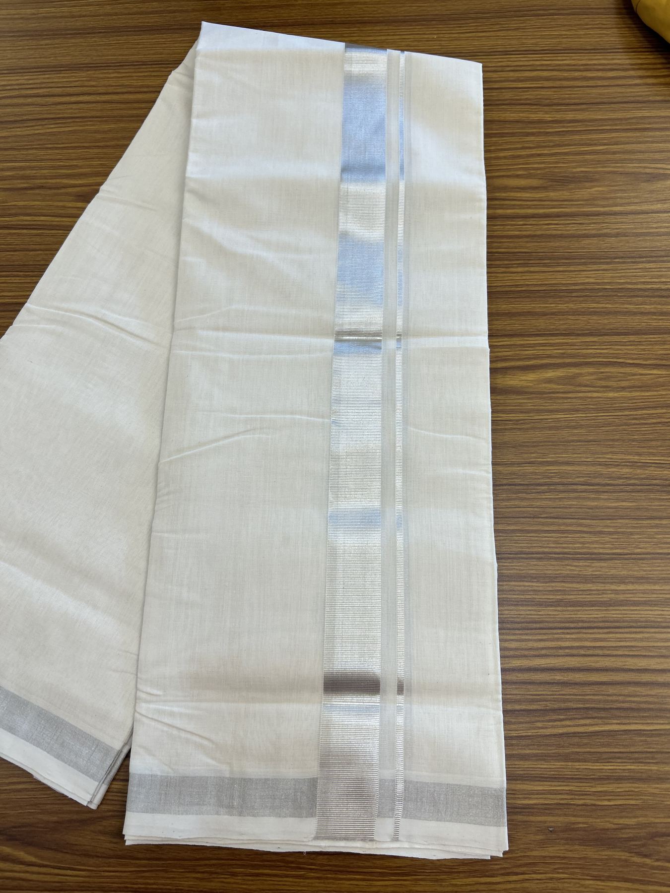 25% Discount ! KaithariKada Handloom Millpaav - Kerala Handloom - 100% Pure Cotton Off White (Unbleached) Double Mundu/Dhoti - 80x90 - 1.5 inch Silver Kasav Kara 4 mtr (8.5 Muzham) - 44 KK5337 RAM
