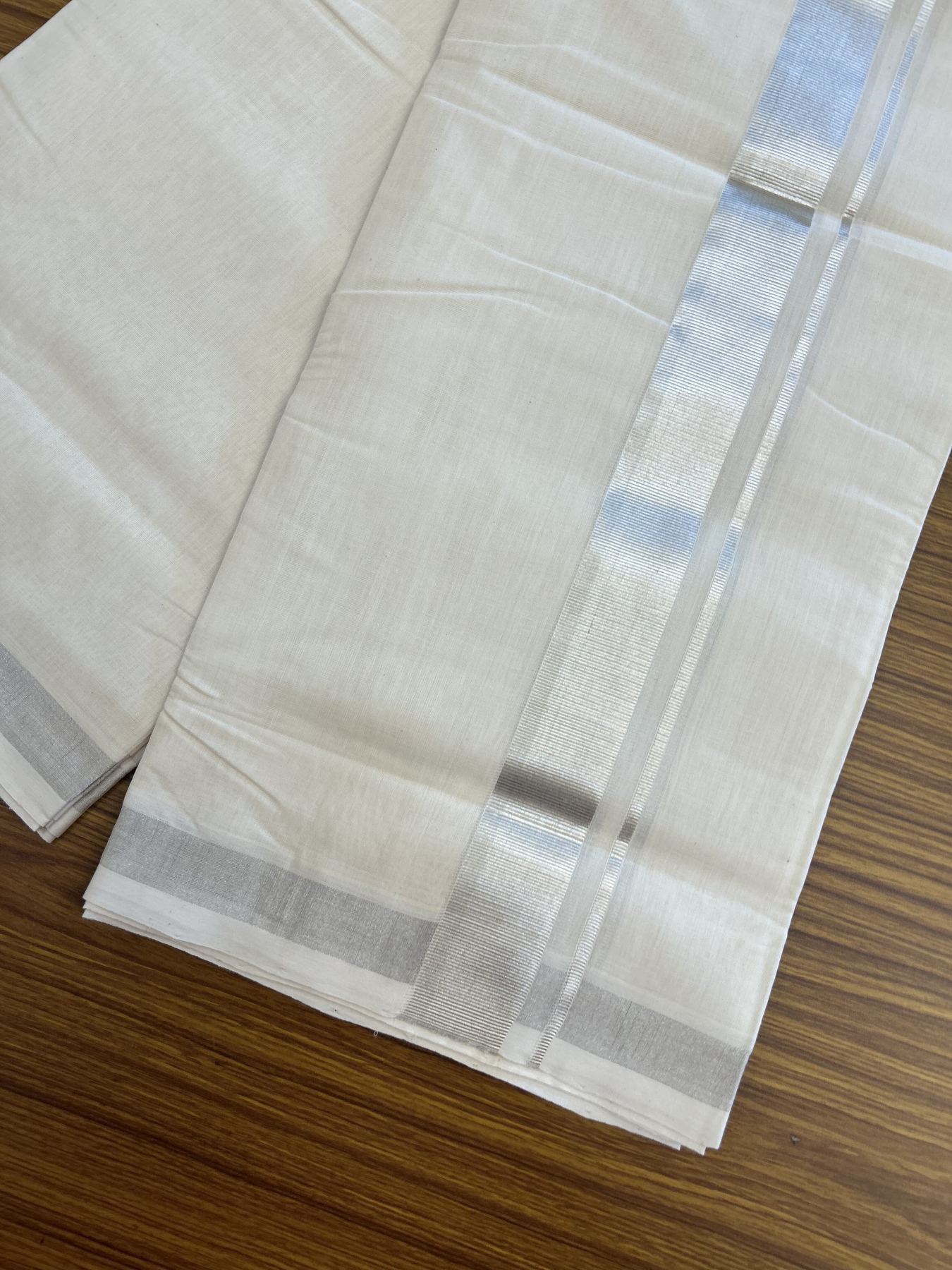 25% Discount ! KaithariKada Handloom Millpaav - Kerala Handloom - 100% Pure Cotton Off White (Unbleached) Double Mundu/Dhoti - 80x90 - 1.5 inch Silver Kasav Kara 4 mtr (8.5 Muzham) - 44 KK5337 RAM