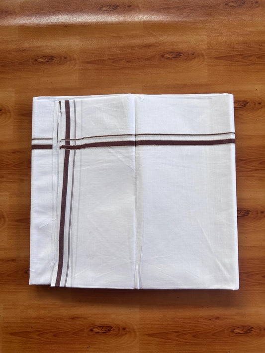 Pure white Double Mundu/Dhoti - 20% Discount! KaithariKada 100% Cotton - 100X80 - 0.5 cm Silver Kasav & Brown Kara - 3.90 mtr (8.5 muzham) - 6 KK5518 VAS