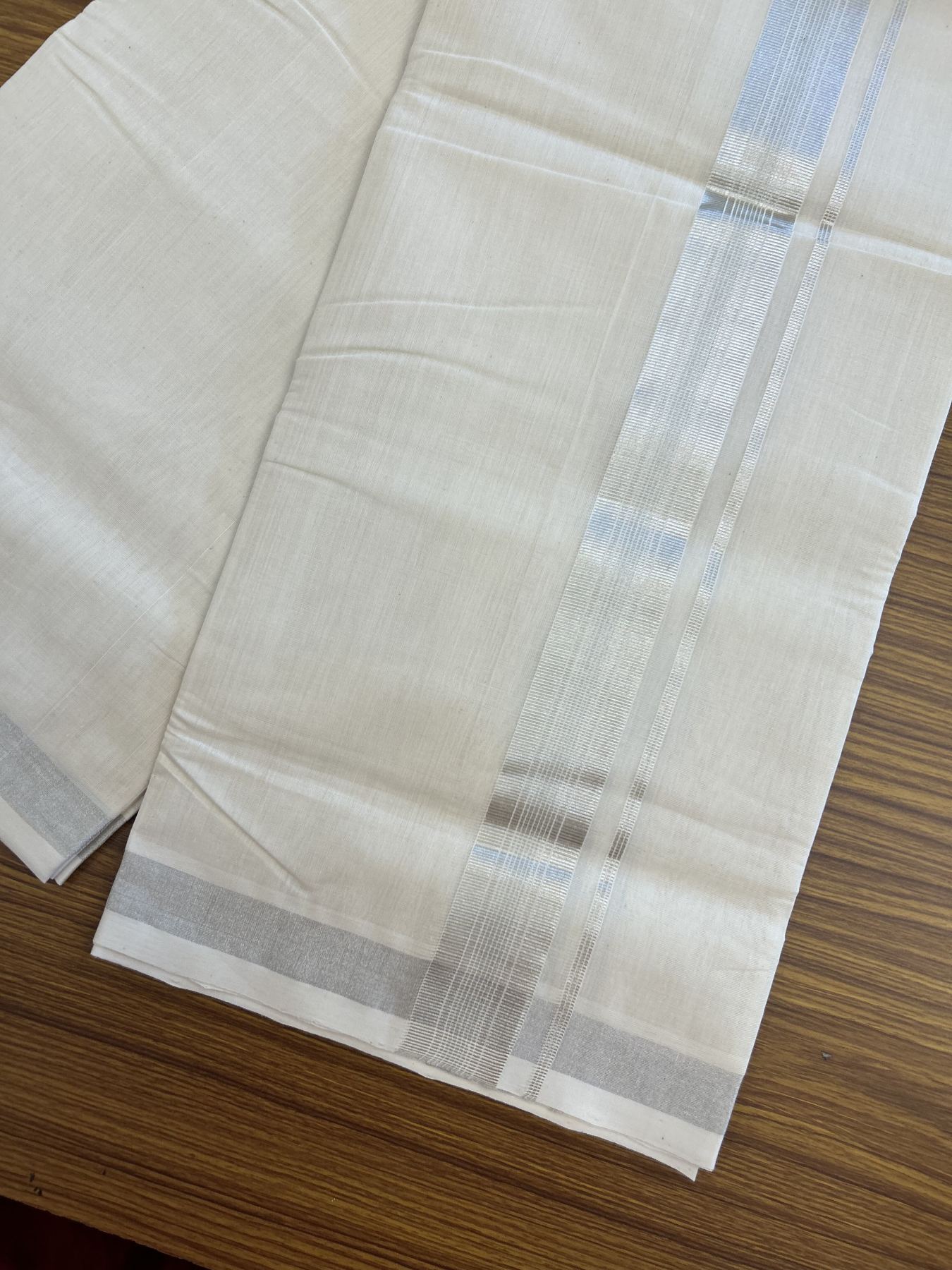 25% Discount ! KaithariKada Handloom Millpaav - Kerala Handloom - 100% Pure Cotton Off White (Unbleached) Double Mundu/Dhoti - 80x90 - 1.5 inch Silver Kasav striped Kara 4 mtr (8.5 Muzham) - 38 KK5337 RAM
