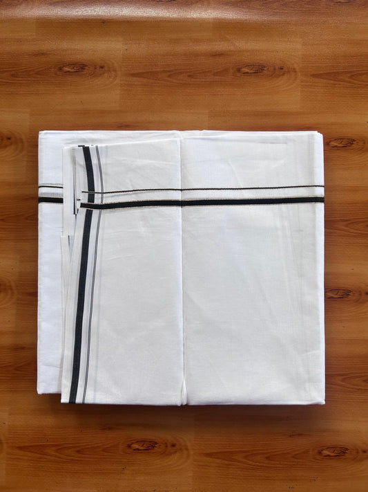 Pure white Double Mundu/Dhoti - 20% Discount! KaithariKada 100% Cotton - 100X80 - 0.5 cm Silver Kasav & Black Kara - 3.90 mtr (8.5 muzham) - 7 KK5518 VAS