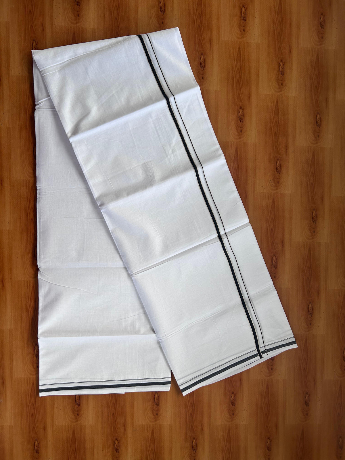 Pure white Double Mundu/Dhoti - 20% Discount! KaithariKada 100% Cotton - 100X80 - 0.5 cm Silver Kasav & Black Kara - 3.90 mtr (8.5 muzham) - 7 KK5518 VAS