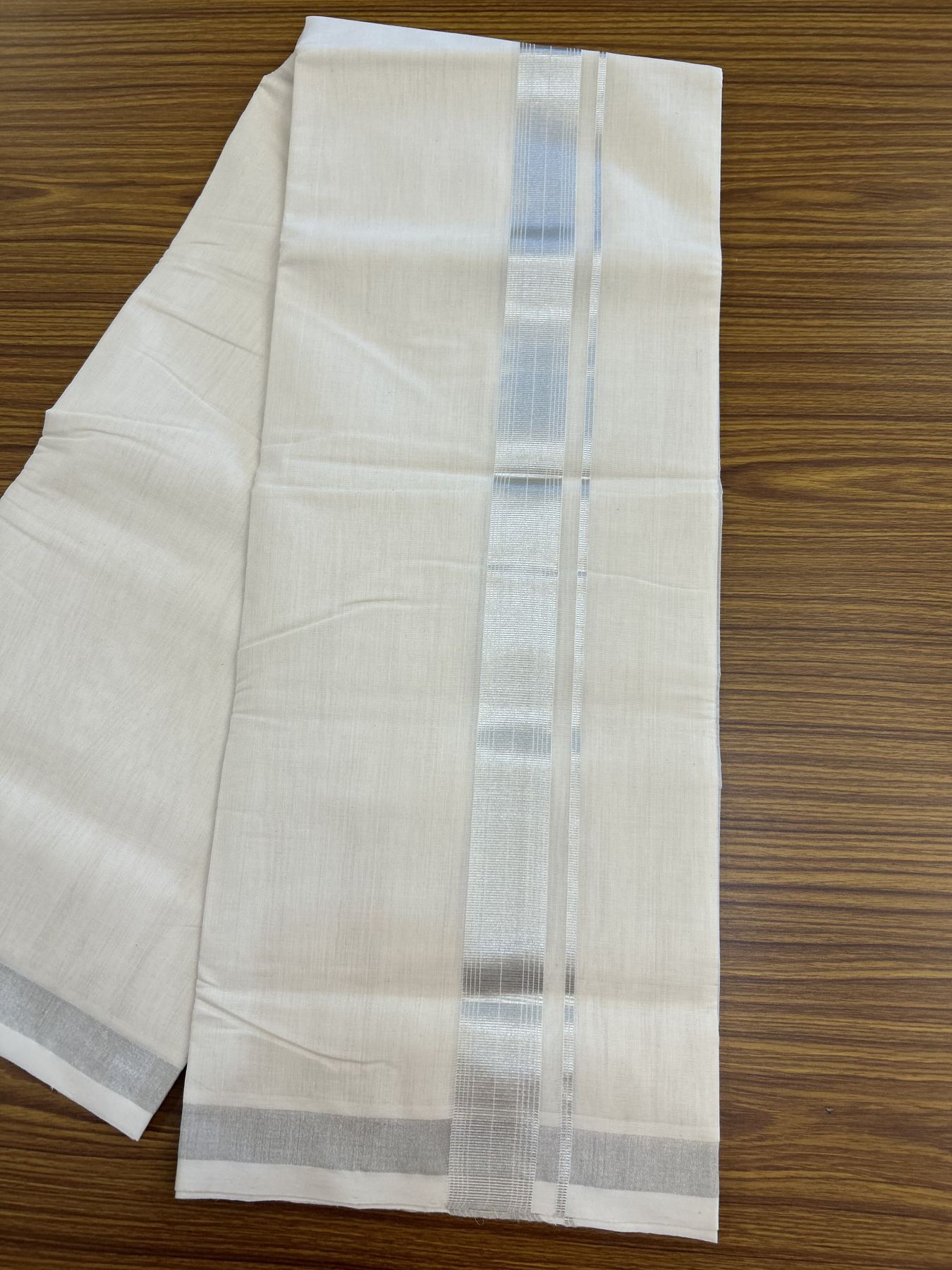 25% Discount ! KaithariKada Handloom Millpaav - Kerala Handloom - 100% Pure Cotton Off White (Unbleached) Double Mundu/Dhoti - 80x90 - 1.5 inch Silver Kasav striped Kara 4 mtr (8.5 Muzham) - 43 KK5337 RAM