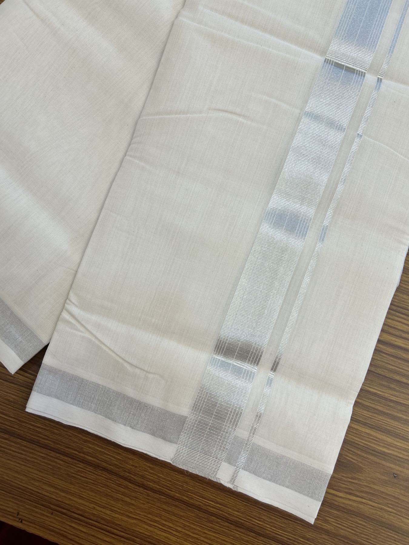 25% Discount ! KaithariKada Handloom Millpaav - Kerala Handloom - 100% Pure Cotton Off White (Unbleached) Double Mundu/Dhoti - 80x90 - 1.5 inch Silver Kasav striped Kara 4 mtr (8.5 Muzham) - 43 KK5337 RAM