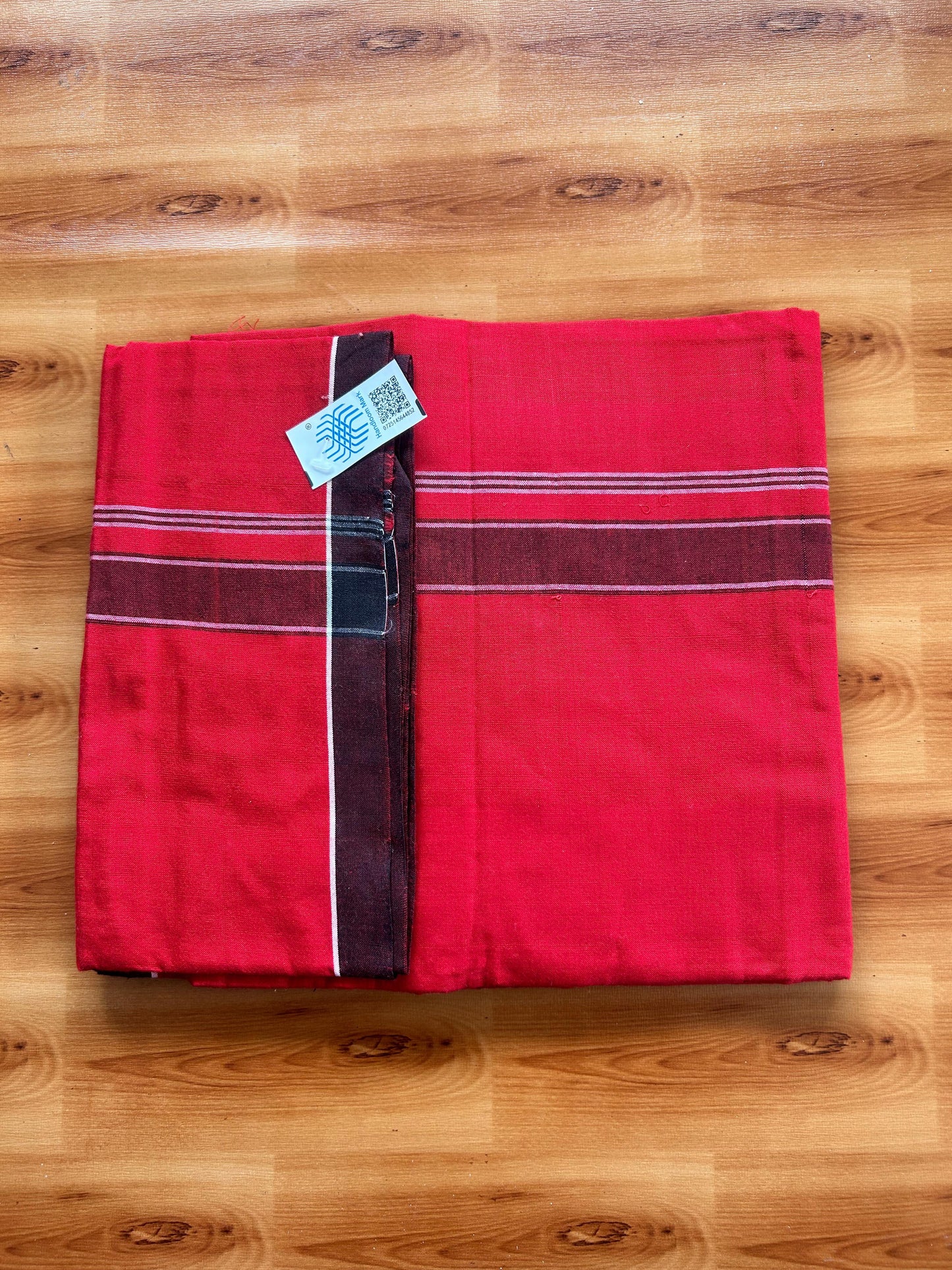 Red Lungi Handloom - KaithariKada Kerala Handloom Single Mundu/Dhoti - Mixed Cotton 2/60x40s Thread - Red Body 1.25 inch Black White Striped Kara - 3 KK8073 KAL