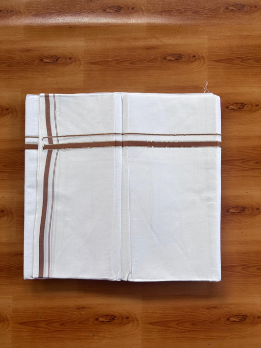 Pure white Double Mundu/Dhoti - 20% Discount! KaithariKada 100% Cotton - 100X80 - 0.5 cm Silver Kasav & Light Brown Kara - 3.90 mtr (8.5 muzham) - 8 KK5518 VAS