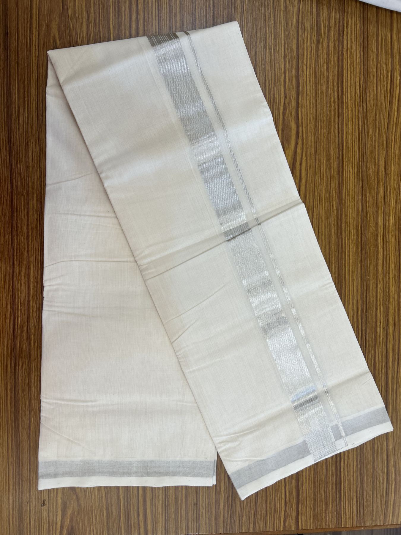 25% Discount ! KaithariKada Handloom Millpaav - Kerala Handloom - 100% Pure Cotton Off White (Unbleached) Double Mundu/Dhoti - 80x90 - 1.5 inch Silver Kasav striped Kara 4 mtr (8.5 Muzham) - 41 KK5337 RAM