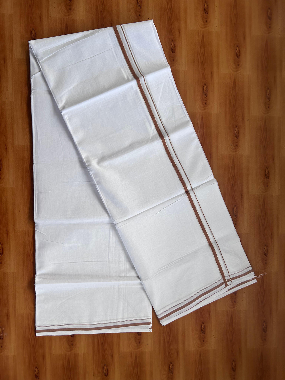 Pure white Double Mundu/Dhoti - 20% Discount! KaithariKada 100% Cotton - 100X80 - 0.5 cm Silver Kasav & Light Brown Kara - 3.90 mtr (8.5 muzham) - 8 KK5518 VAS