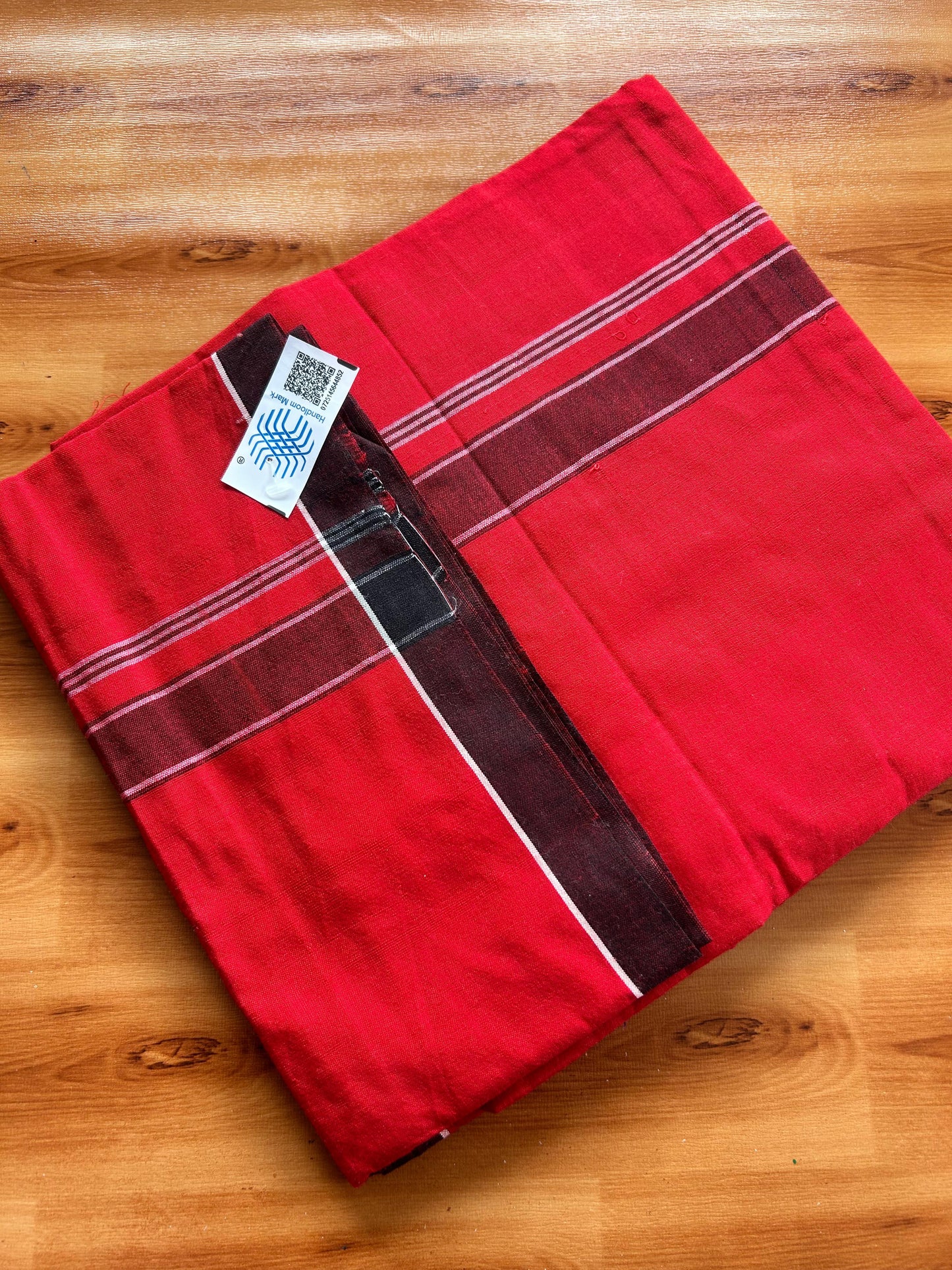 Red Lungi Handloom - KaithariKada Kerala Handloom Single Mundu/Dhoti - Mixed Cotton 2/60x40s Thread - Red Body 1.25 inch Black White Striped Kara - 3 KK8073 KAL