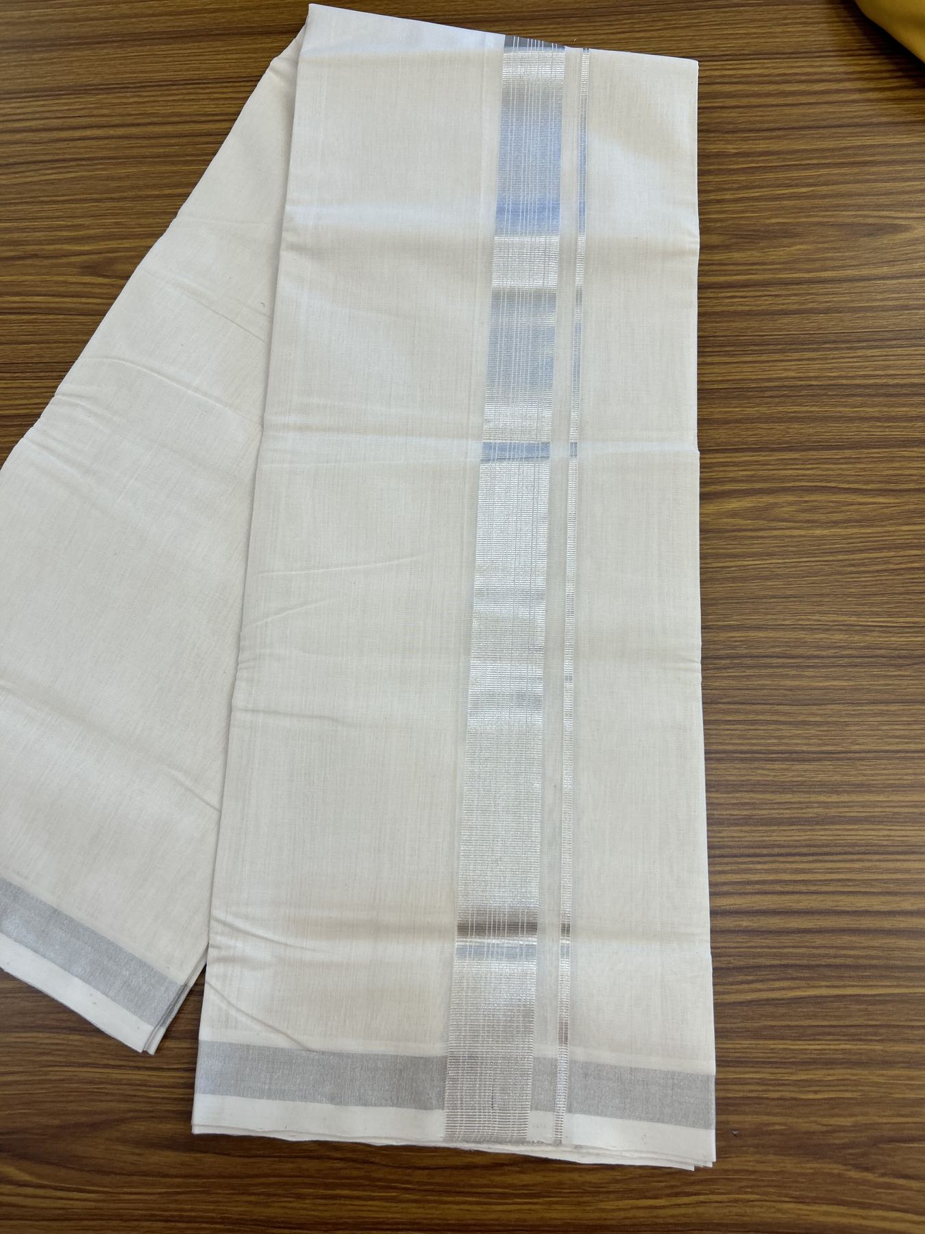 25% Discount ! KaithariKada Handloom Millpaav - Kerala Handloom - 100% Pure Cotton Off White (Unbleached) Double Mundu/Dhoti - 80x90 - 1.5 inch Silver Kasav striped Kara 4 mtr (8.5 Muzham) - 41 KK5337 RAM