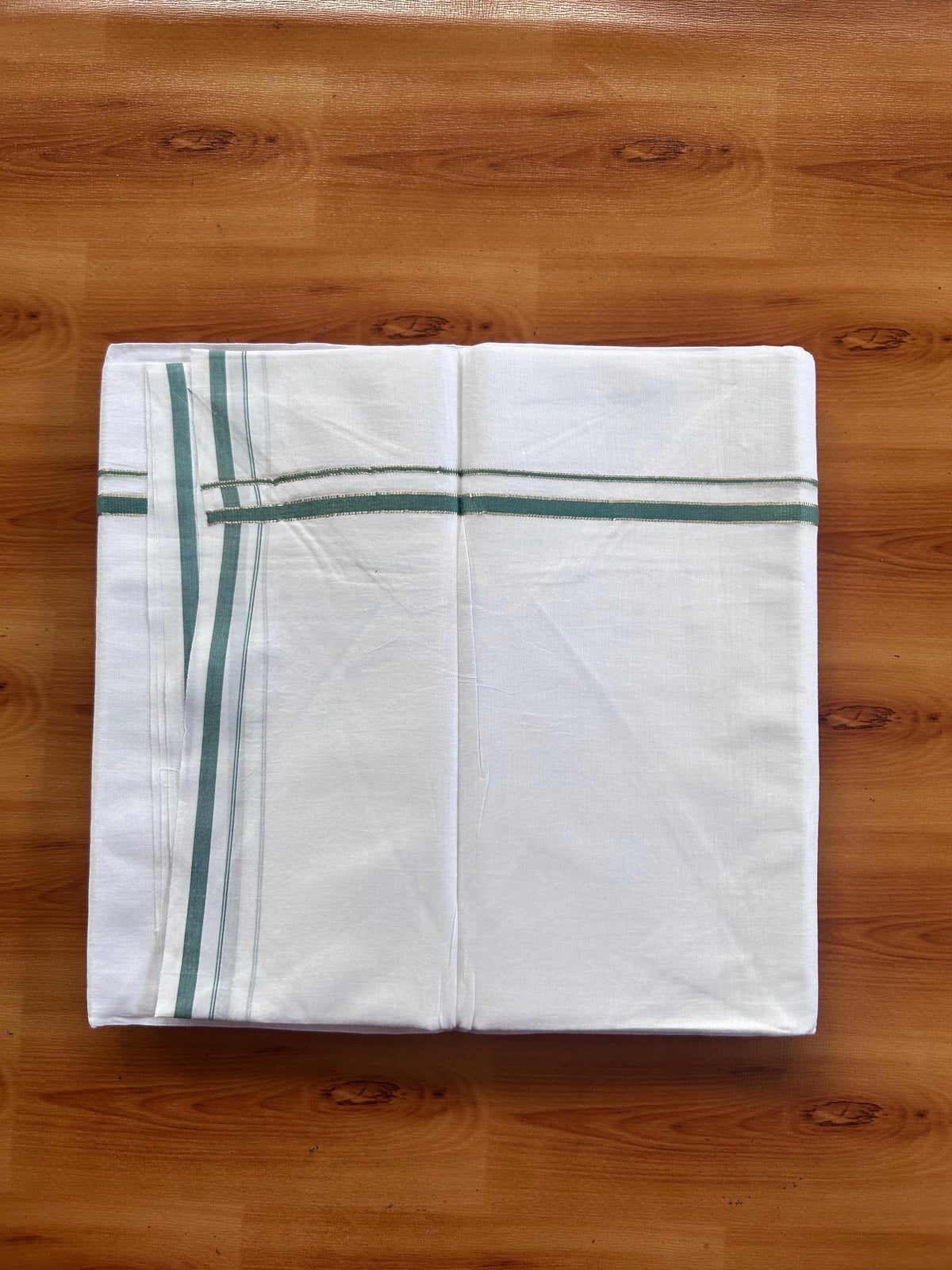 Pure white Double Mundu/Dhoti - 20% Discount! KaithariKada 100% Cotton - 100X80 - 0.5 cm Silver Kasav & Teal Green Kara - 3.90 mtr (8.5 muzham) - 9 KK5518 VAS