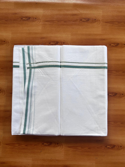 Pure white Double Mundu/Dhoti - 20% Discount! KaithariKada 100% Cotton - 100X80 - 0.5 cm Silver Kasav & Teal Green Kara - 3.90 mtr (8.5 muzham) - 9 KK5518 VAS