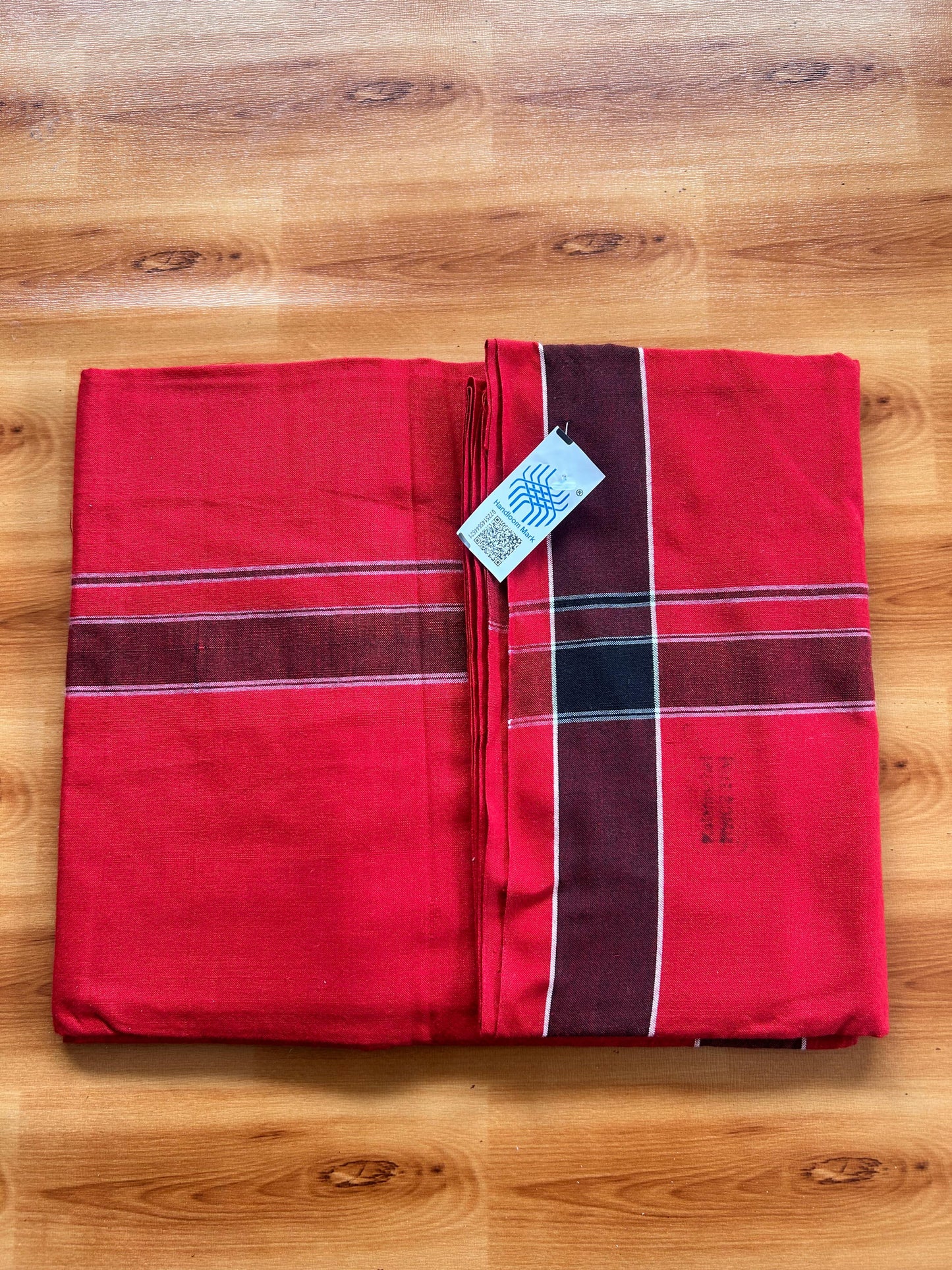 Red Lungi Handloom - KaithariKada Kerala Handloom Single Mundu/Dhoti - Mixed Cotton 2/60x40s Thread - Red Body 1.25 inch Black White Striped Kara - 4 KK8073 KAL