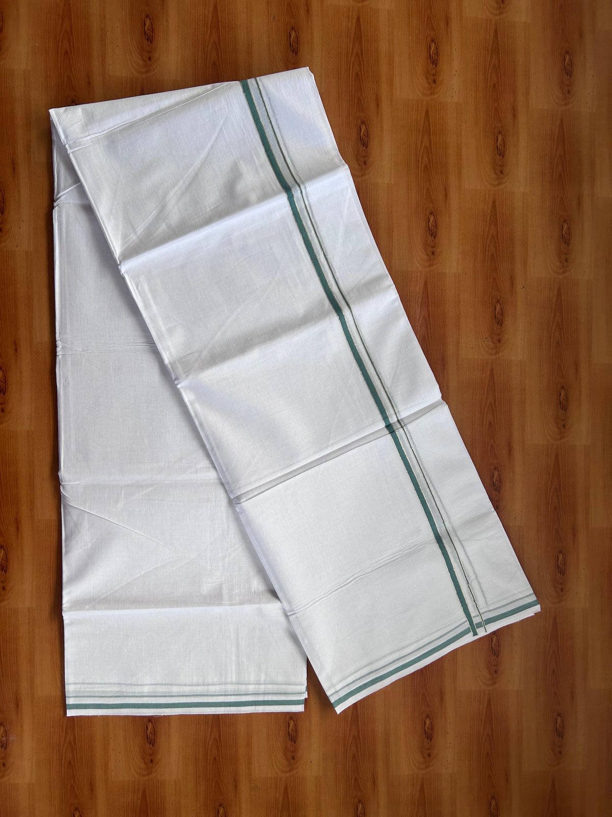 Pure white Double Mundu/Dhoti - 20% Discount! KaithariKada 100% Cotton - 100X80 - 0.5 cm Silver Kasav & Teal Green Kara - 3.90 mtr (8.5 muzham) - 9 KK5518 VAS
