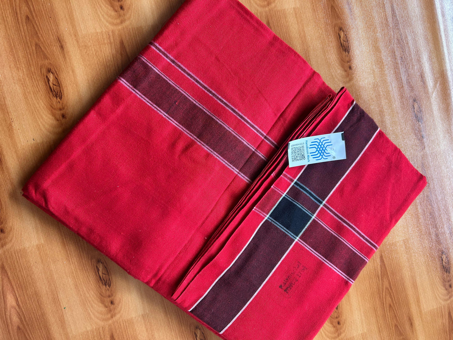 Red Lungi Handloom - KaithariKada Kerala Handloom Single Mundu/Dhoti - Mixed Cotton 2/60x40s Thread - Red Body 1.25 inch Black White Striped Kara - 4 KK8073 KAL
