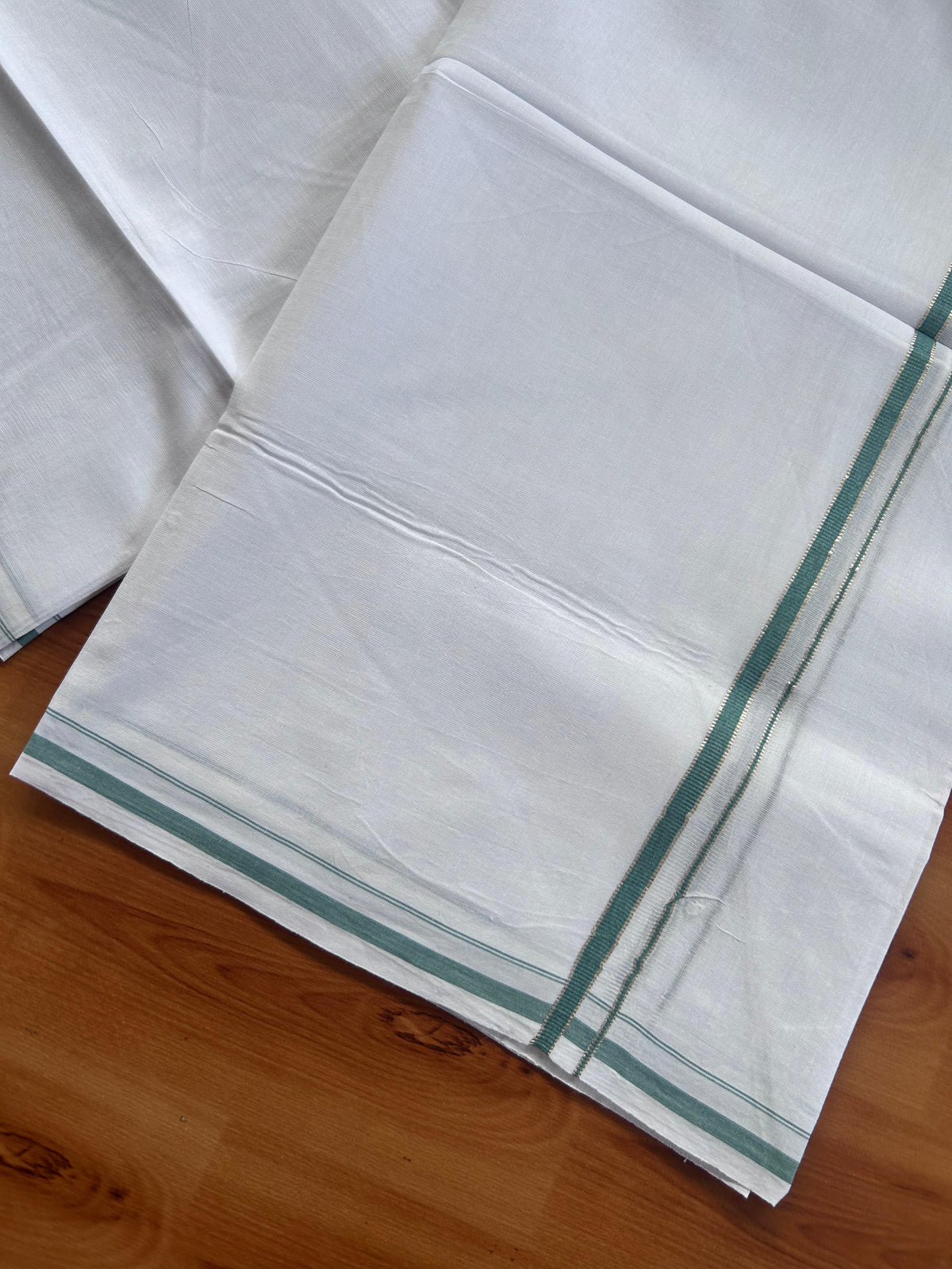 Pure white Double Mundu/Dhoti - 20% Discount! KaithariKada 100% Cotton - 100X80 - 0.5 cm Silver Kasav & Teal Green Kara - 3.90 mtr (8.5 muzham) - 9 KK5518 VAS