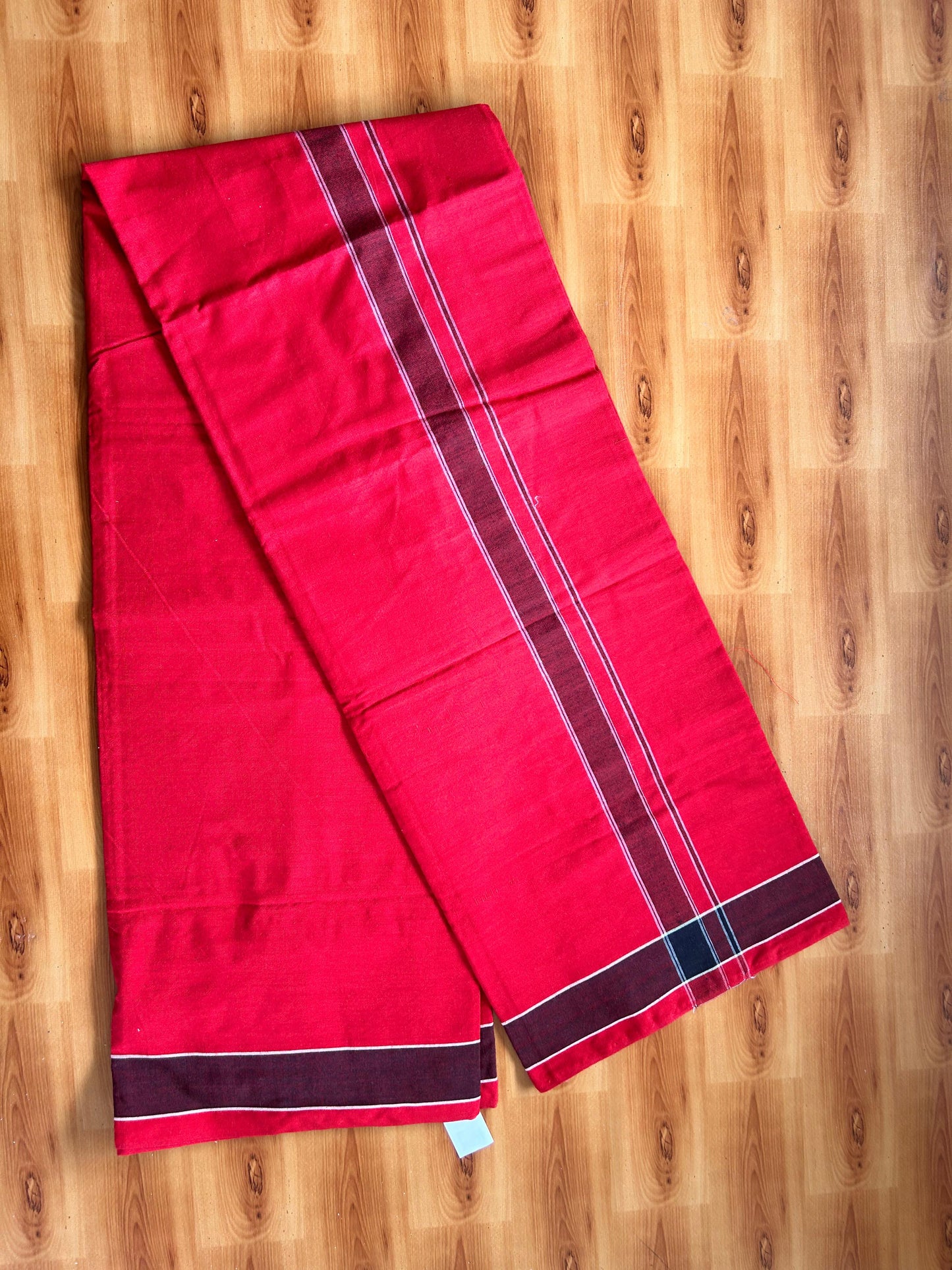 Red Lungi Handloom - KaithariKada Kerala Handloom Single Mundu/Dhoti - Mixed Cotton 2/60x40s Thread - Red Body 1.25 inch Black White Striped Kara - 4 KK8073 KAL