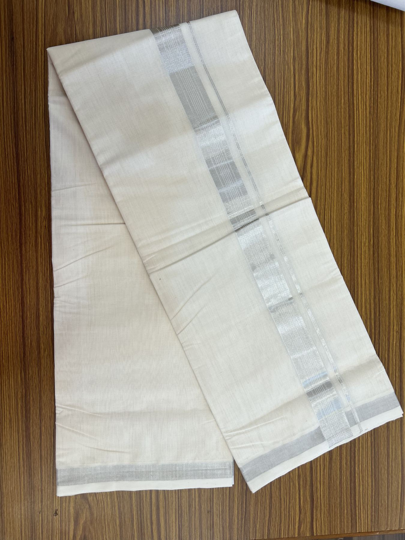 25% Discount ! KaithariKada Handloom Millpaav - Kerala Handloom - 100% Pure Cotton Off White (Unbleached) Double Mundu/Dhoti - 80x90 - 1.5 inch Silver Kasav striped Kara 4 mtr (8.5 Muzham) - 40 KK5337 RAM