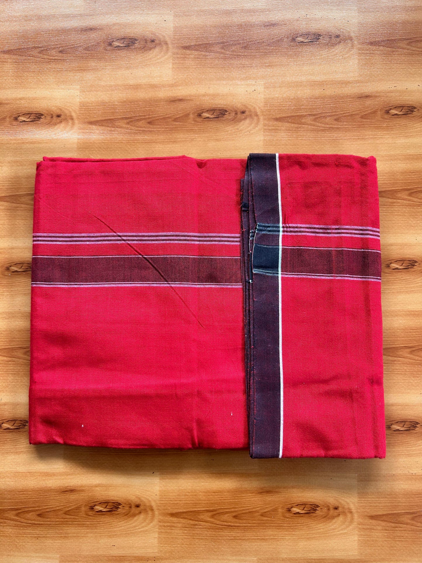 Red Lungi Handloom - KaithariKada Kerala Handloom Single Mundu/Dhoti - Mixed Cotton 2/60x40s Thread - Red Body 1.25 inch Black White Striped Kara - 5 KK8073 KAL