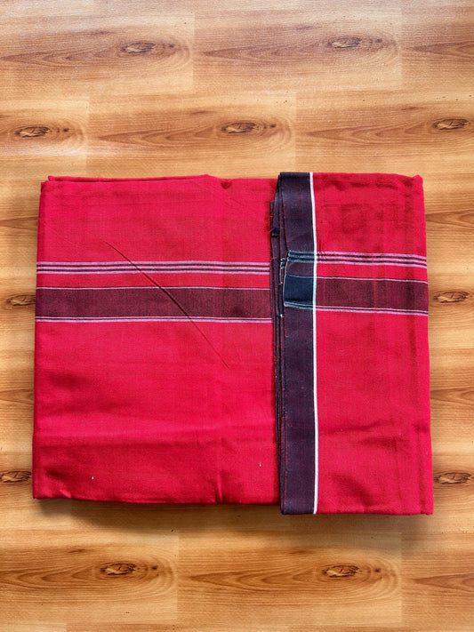 Red Lungi Handloom - KaithariKada Kerala Handloom Single Mundu/Dhoti - Mixed Cotton 2/60x40s Thread - Red Body 1.25 inch Black White Striped Kara - 5 KK8073 KAL