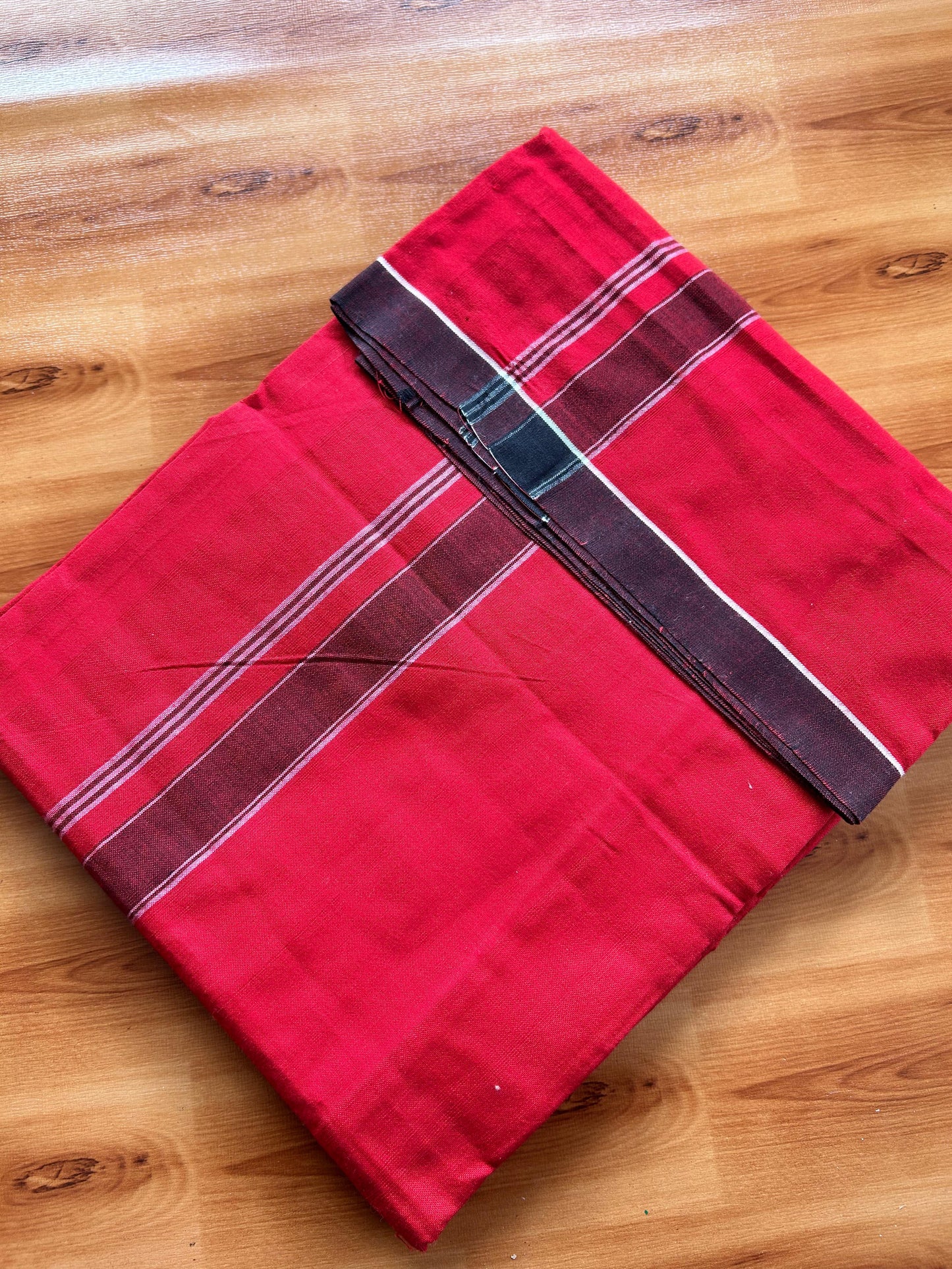 Red Lungi Handloom - KaithariKada Kerala Handloom Single Mundu/Dhoti - Mixed Cotton 2/60x40s Thread - Red Body 1.25 inch Black White Striped Kara - 5 KK8073 KAL