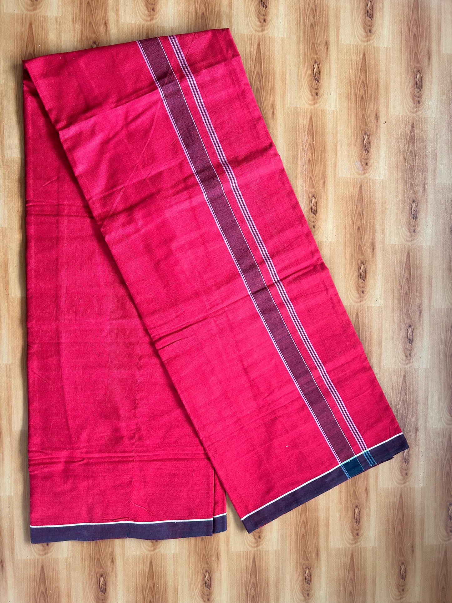 Red Lungi Handloom - KaithariKada Kerala Handloom Single Mundu/Dhoti - Mixed Cotton 2/60x40s Thread - Red Body 1.25 inch Black White Striped Kara - 5 KK8073 KAL