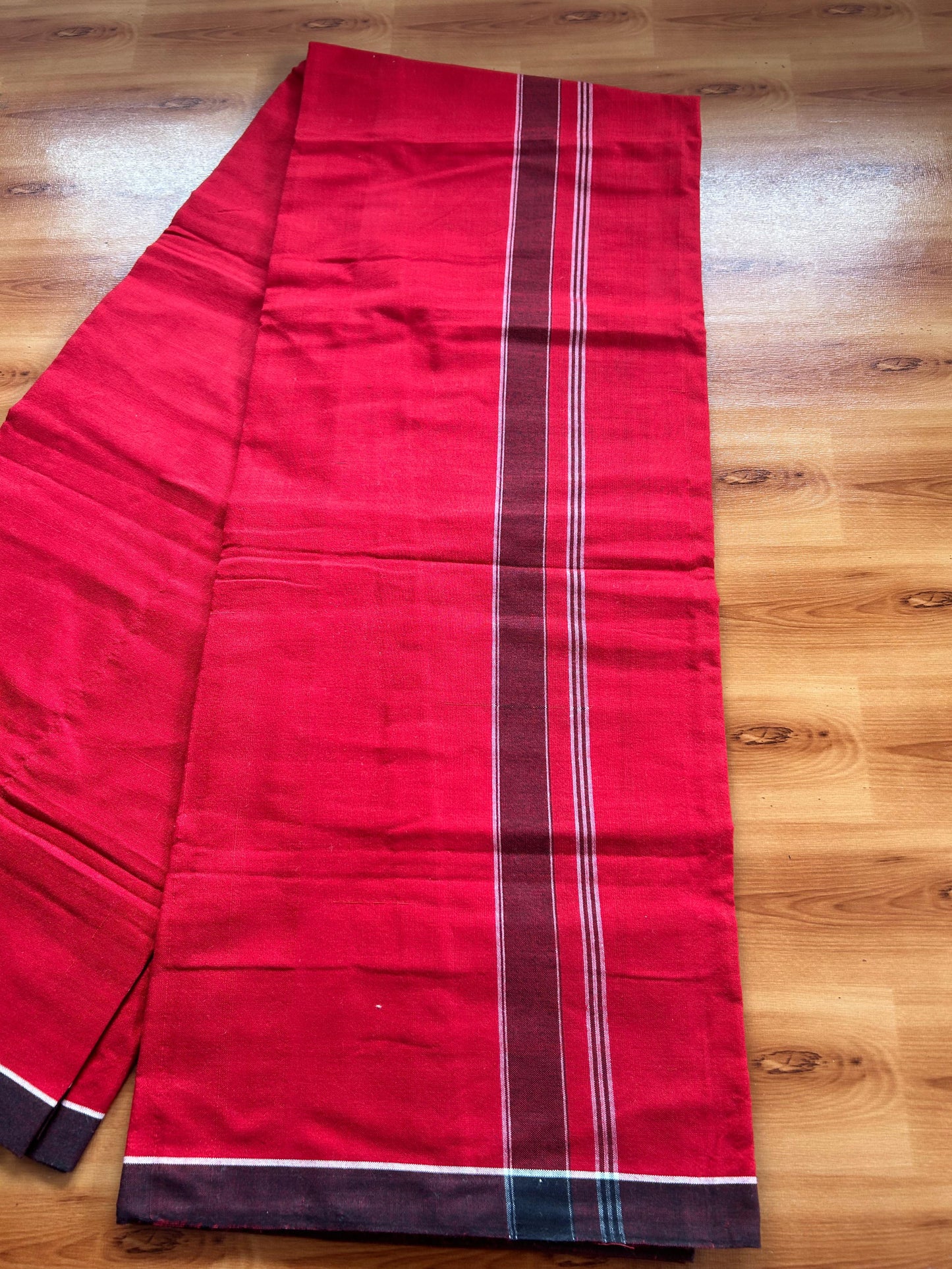 Red Lungi Handloom - KaithariKada Kerala Handloom Single Mundu/Dhoti - Mixed Cotton 2/60x40s Thread - Red Body 1.25 inch Black White Striped Kara - 5 KK8073 KAL