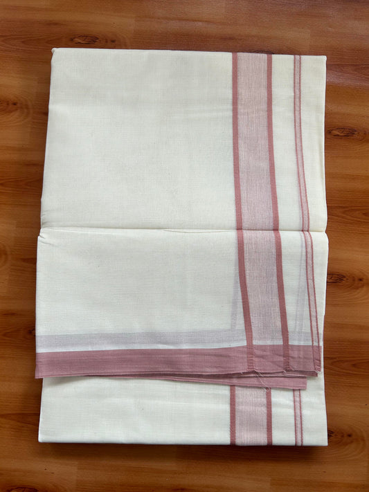 Double Off White Mundu/Dhoti- 20% Discount! KaithariKada Balaramapuram 100% Cotton - 60s - 1.25 inch Dusty Pink shaded Kara 4 mtr (8.5 muzham) - 13 KK5398 PMC